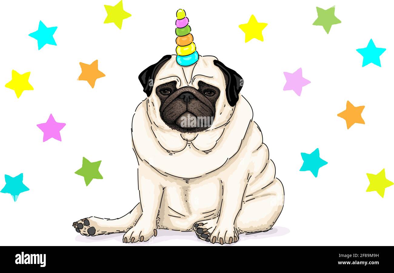 Lustige Vektor handgezeichnete Illustration von Einhorn Mops Hund sitzen, mit Sternen Stock Vektor