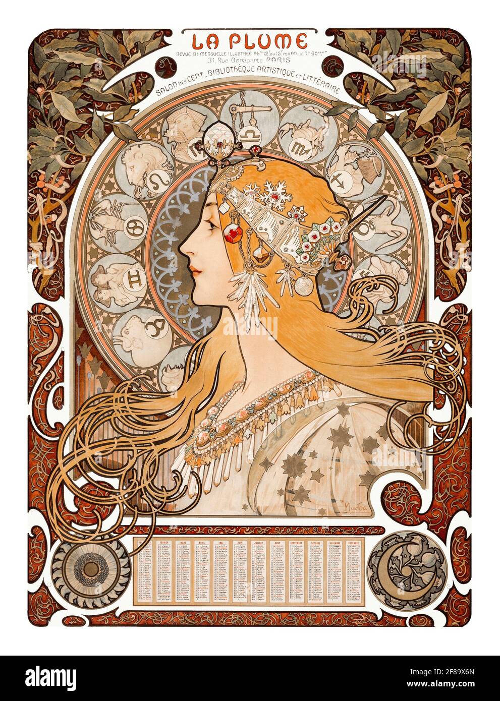 „Zodiac“ (Zodiaque) oder La Plume (ca. 1896–1897) von Alphonse Maria Mucha. Stockfoto