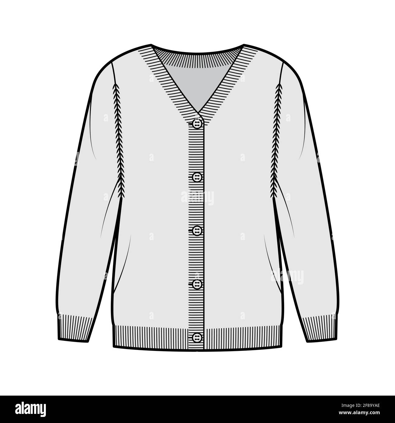 Pullover Cardigan technische Mode-Illustration mit V-Ausschnitt, langen Ärmeln, übergroß, Fingertipp Länge, Rippenstrick Besatz. Flatwear Front, grau gehalten. Frauen, Männer Unisex-CAD-Modell Stock Vektor