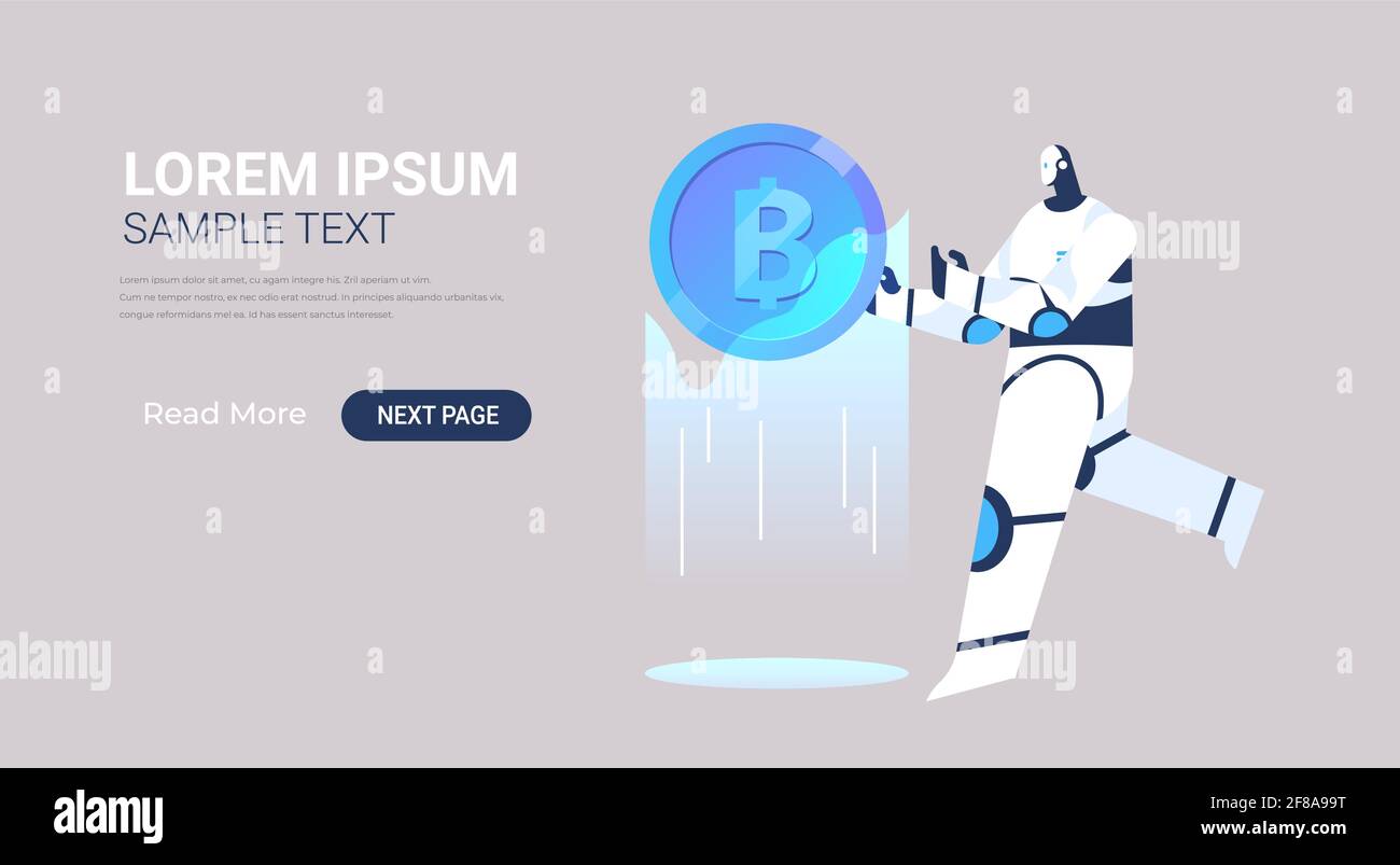 Roboter hält Bitcoin Krypto Währung digital Web Geld Bergbau passiv Einkommen Gewinne künstliche Intelligenz Stock Vektor