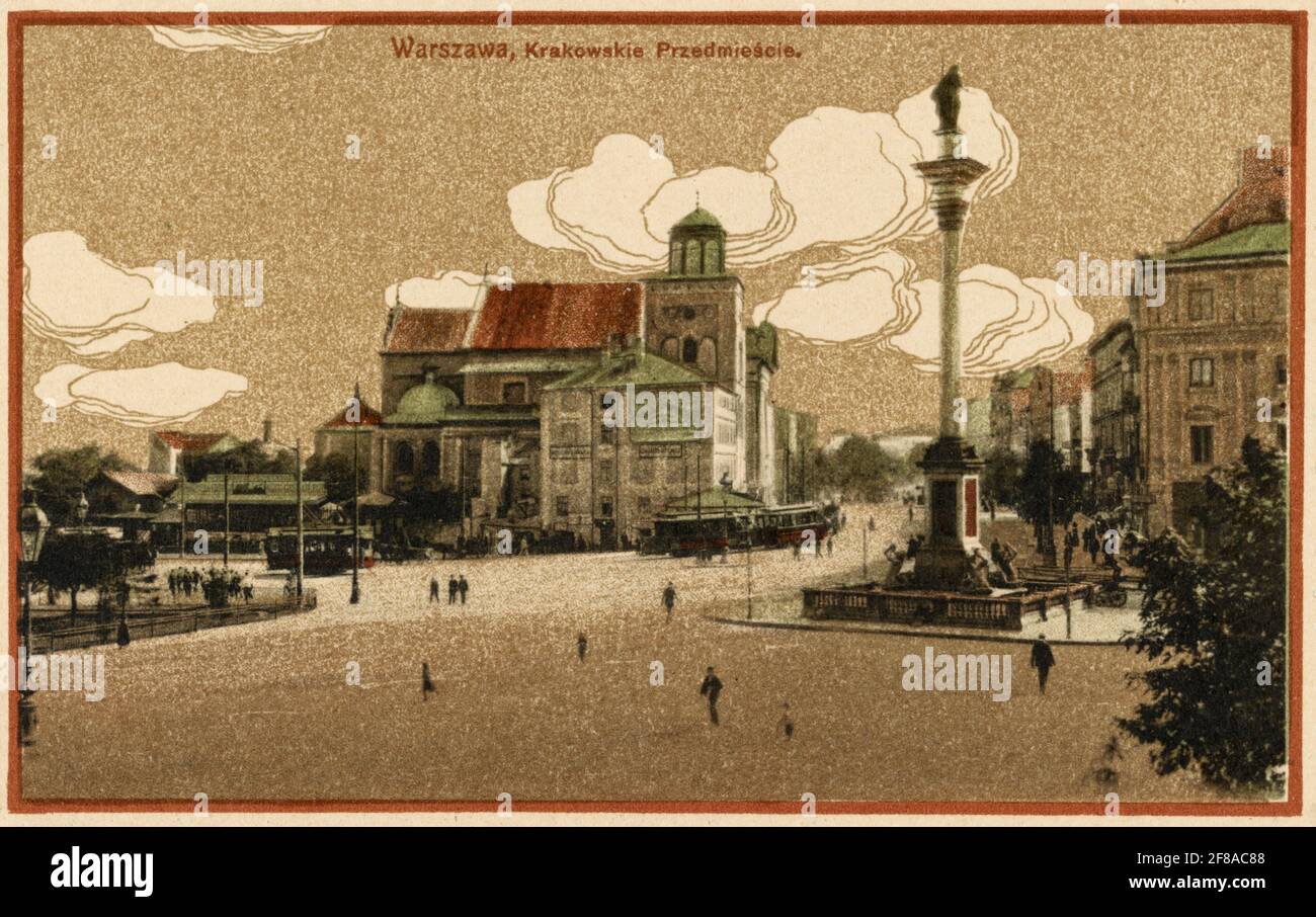 Warszawa, Krakowskie Przedmiescie - Zeichnung zeigt den Schlossplatz in Warschau, Polen, mit der Sigismund-Säule und der St.-Anna-Kirche, um 1910 Stockfoto
