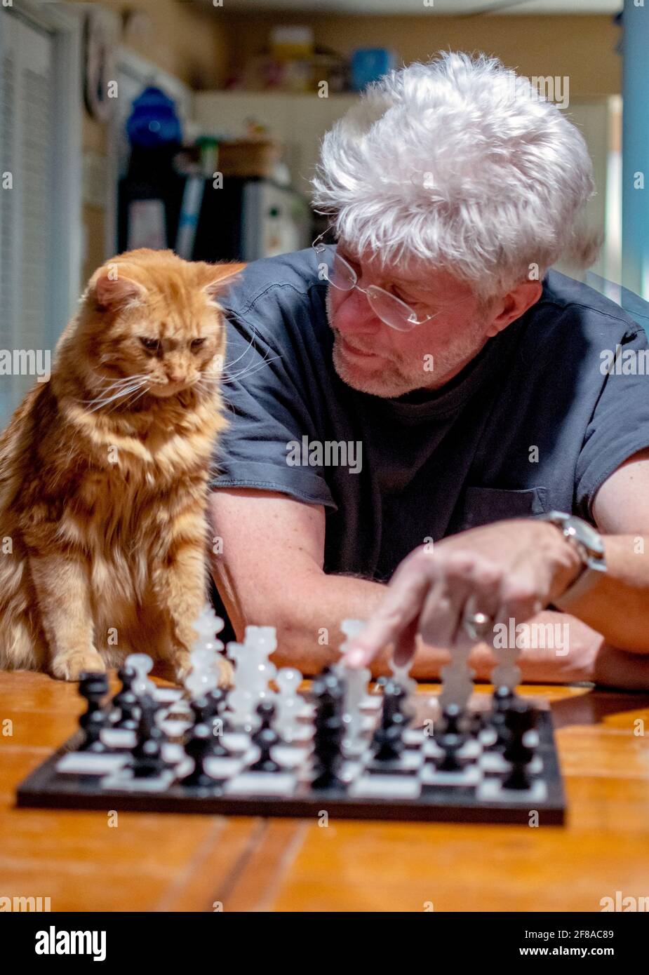 Der ältere Mann fragt seinen Heimgefährten, auf welche Bewegung er sich bewegt Sollte machen Stockfoto