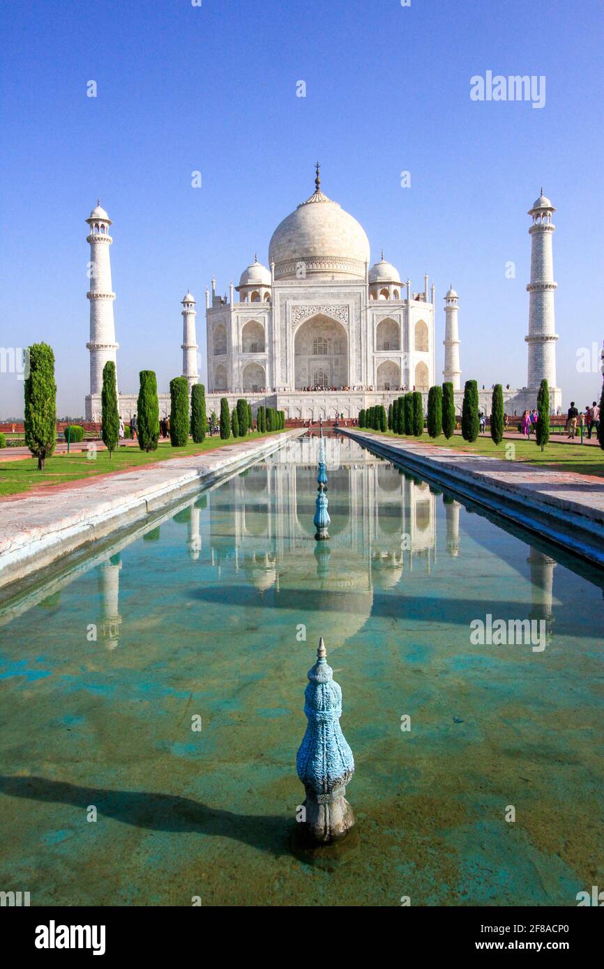 Taj Mahal spiegelte sich in einem Wasserbecken mit blauem Himmel in Agra, Indien, wider Stockfoto