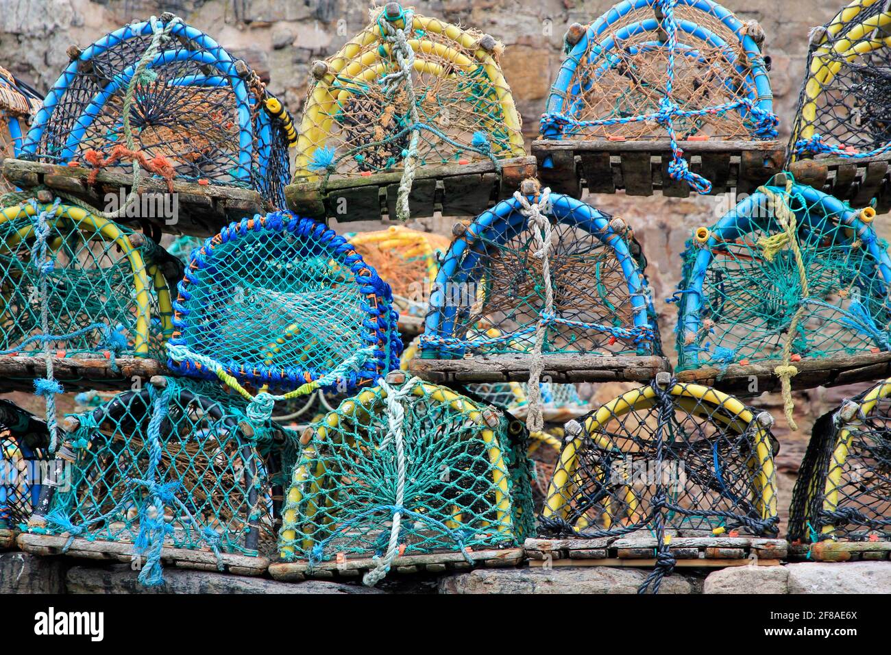 Bunte Fischfangfallen im Hafen in Crail, Schottland Stockfoto