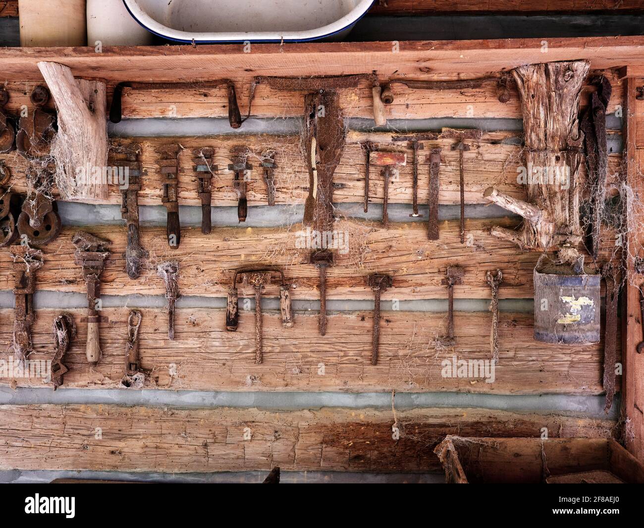 Alte antike Arbeitswerkzeuge an einer Blockhauswand zur Ausstellung im ländlichen Alabama. Stockfoto