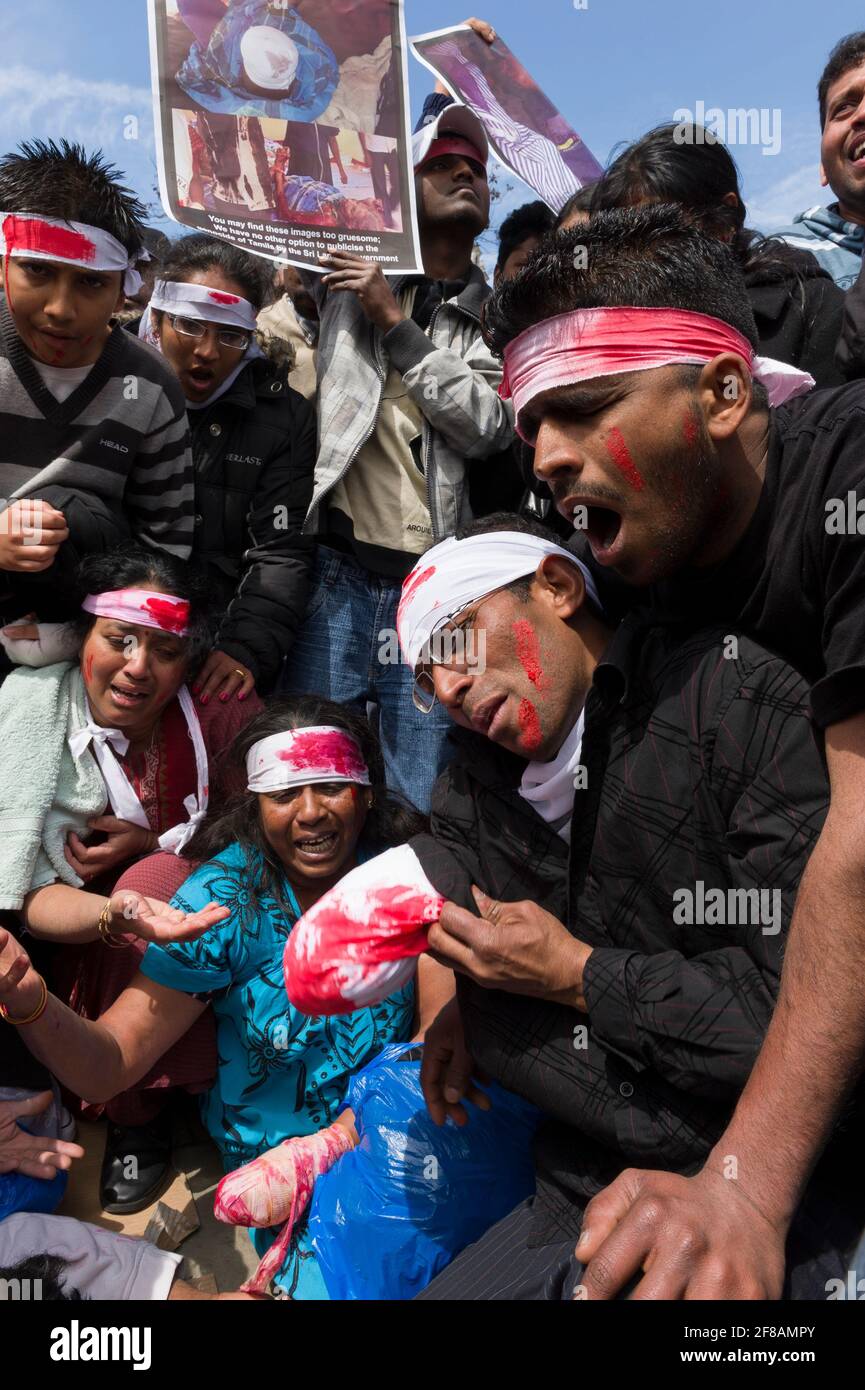 Tamilen protestieren gegen den fortlaufenden Bürgerkrieg zwischen der Regierung Sri Lankas und den Tamil Tigers. Eine Reihe von Demonstranten trugen Verbandsmaterial und taten so, als wären sie verletzt worden, um zivile Opfer des Krieges zu repräsentieren. Die Regierung Sri Lankas kündigte die Niederlage der Tamil Tigers am 16. Mai 2009 nach 26 Jahren Konflikt an. Parliament Square, London, Großbritannien. 18 Mai 2009 Stockfoto
