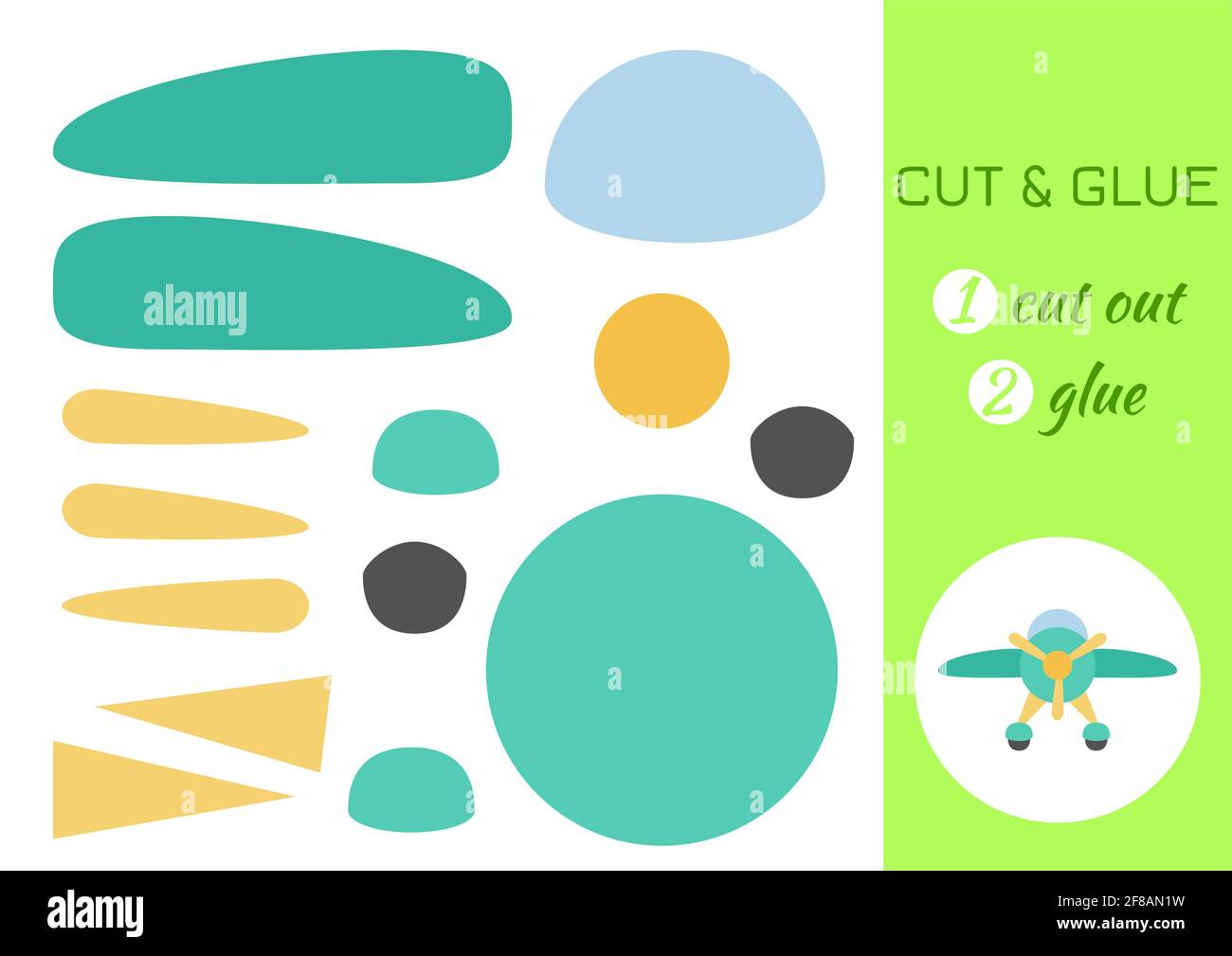 Schneiden und kleben Papier Cartoon turqoise Ebene. Seite „Craft Activity“ ausschneiden und einfügen. Pädagogisches Spiel für Kinder im Vorschulalter. DIY-Arbeitsblatt. Logikspiel für Kinder, Stock Vektor