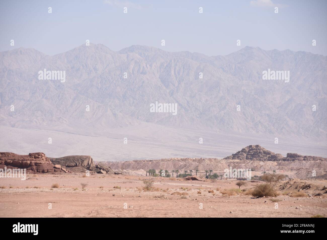 Timna Park in Israel, Blick auf Negev-Wüstenlandschaft mit trockenen Bergen mit Kopierplatz im Hintergrund und wolkenlosem blauen Himmel. Stockfoto