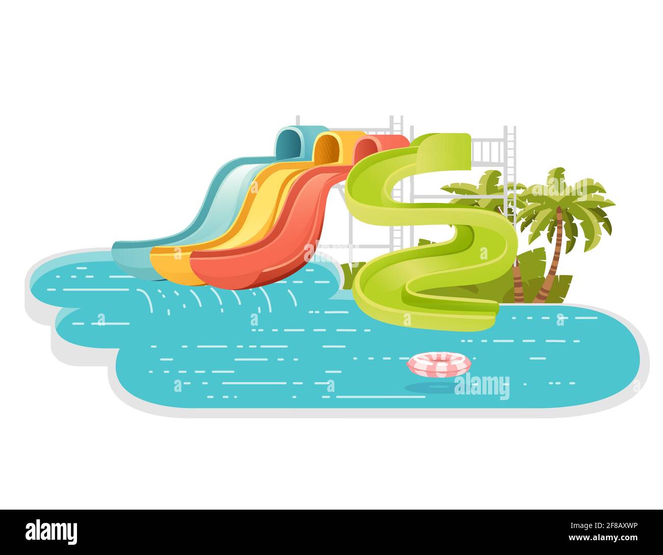 Waterpark-Illustration mit farbigen Kunststoff-Schraubrutschen und Pool mit Palme auf dem Ufer Vektor-Illustration auf weißem Hintergrund Stock Vektor