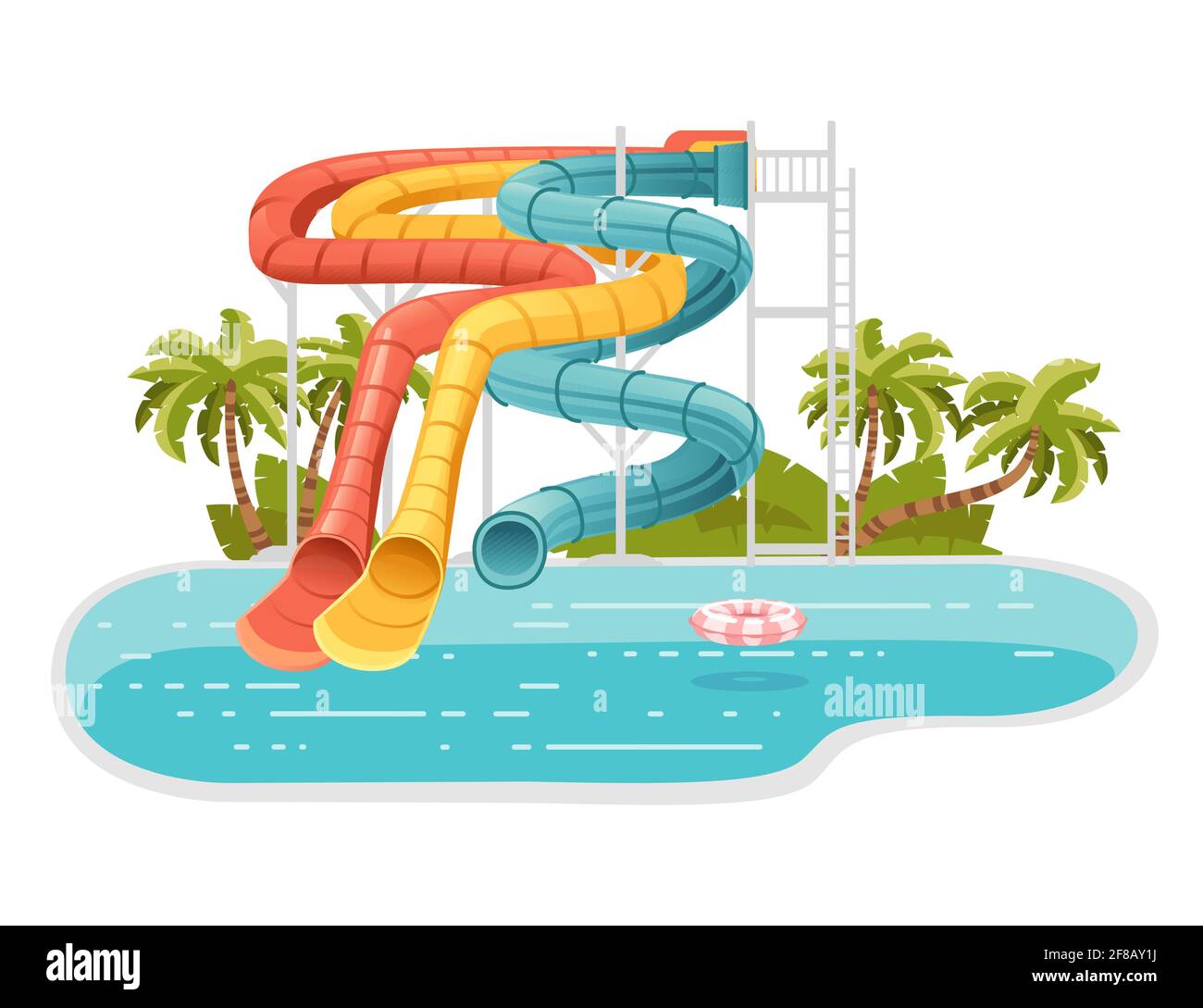 Waterpark-Illustration mit farbigen Kunststoff-Schraubrutschen und Pool mit Palme auf dem Ufer Vektor-Illustration auf weißem Hintergrund Stock Vektor