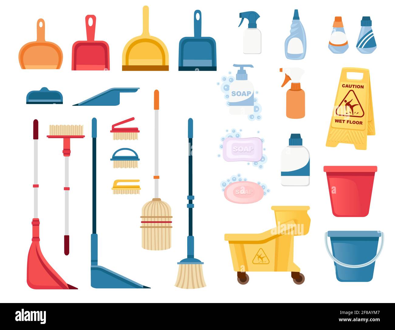 Eine Reihe von Elementen für die Reinigung und Reinigung von Böden und Desinfizieren von Objekten Vektordarstellung isoliert auf weißem Hintergrund Stock Vektor