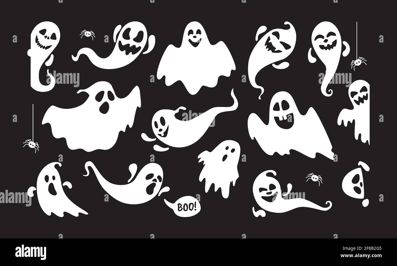 Niedliche Geist Urlaub Zeichen flachen Stil Design Vektor Illustration Set isoliert auf dunklem Hintergrund. Halloween Haunted boo gruseliges Symbol, das über dem Bild fliegt Stock Vektor