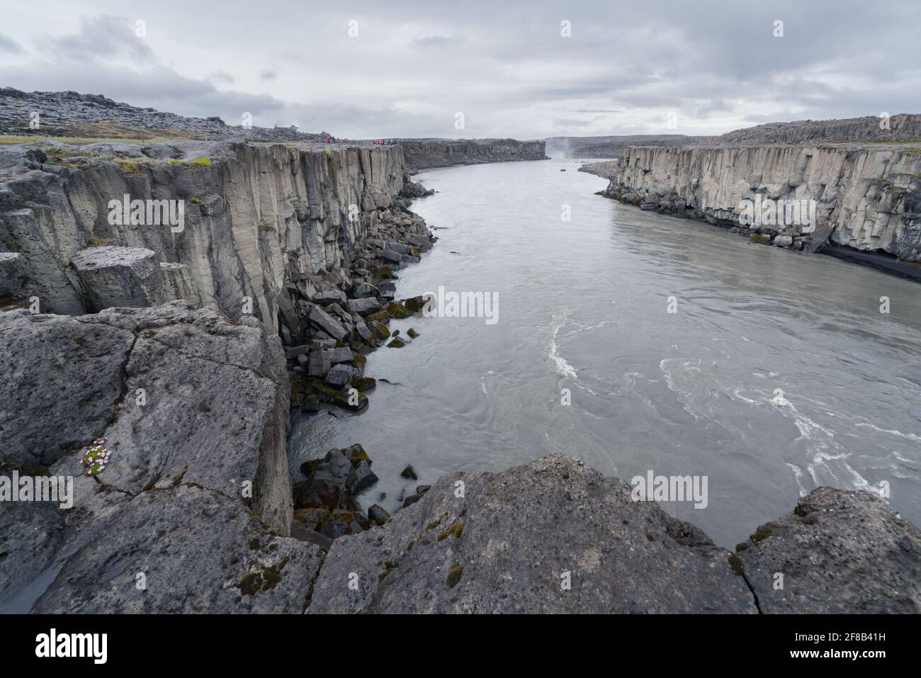 Jokulsa ein Fjollum-Fluss, der zwischen Basaltklippen bei den Wasserfällen Selfoss und Dettifoss fließt. Grauer Tag in isländischer Natur. Stockfoto