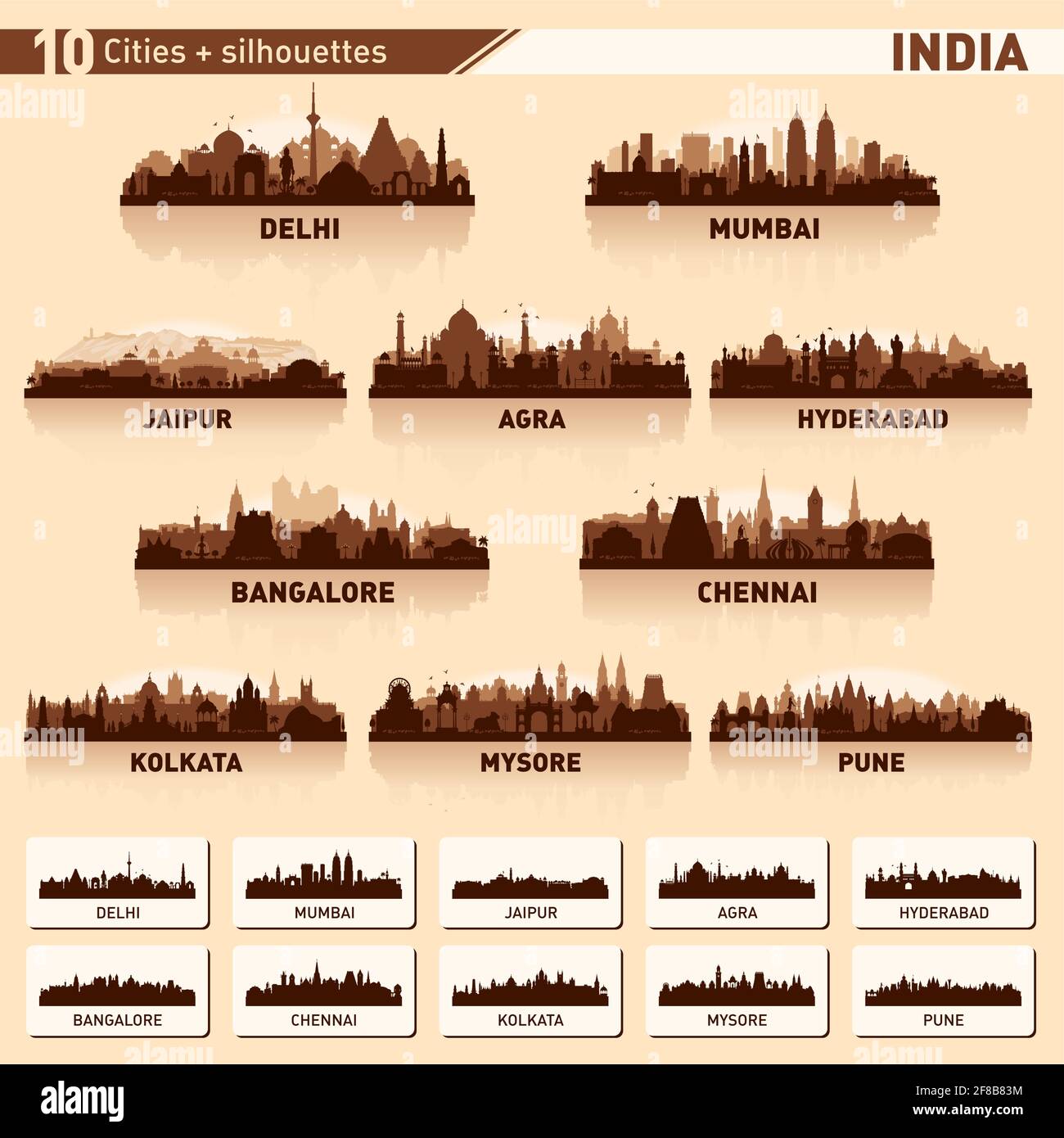 Skyline der Stadt. Indien. Vektor Silhouette Hintergrunddarstellung. Stock Vektor