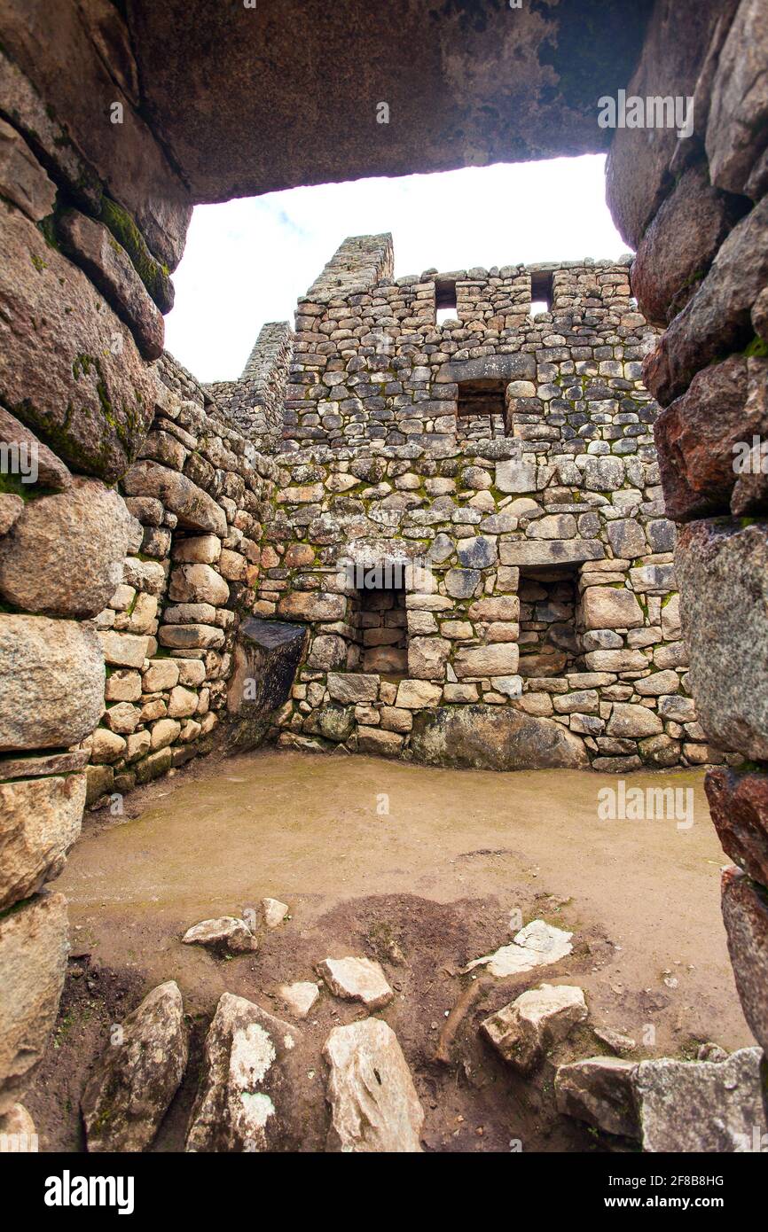 Machu Picchu, Panoramablick auf die peruanische inka-Stadt, unesco-Weltkulturerbe, heiliges Tal, Cusco-Region, Peru Stockfoto