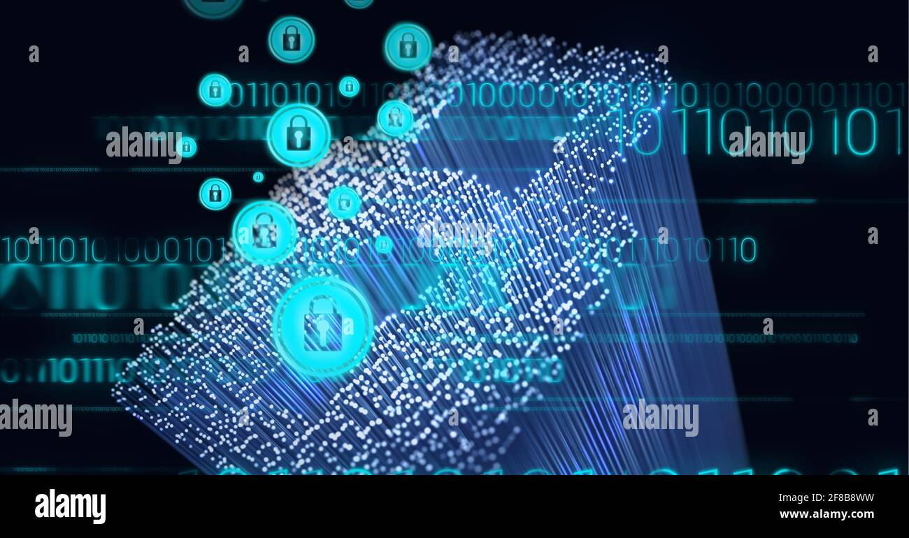 Zusammensetzung des Netzwerks von Verbindungen mit Online-Sicherheits-Vorhängeschlössern und Binärcode Stockfoto