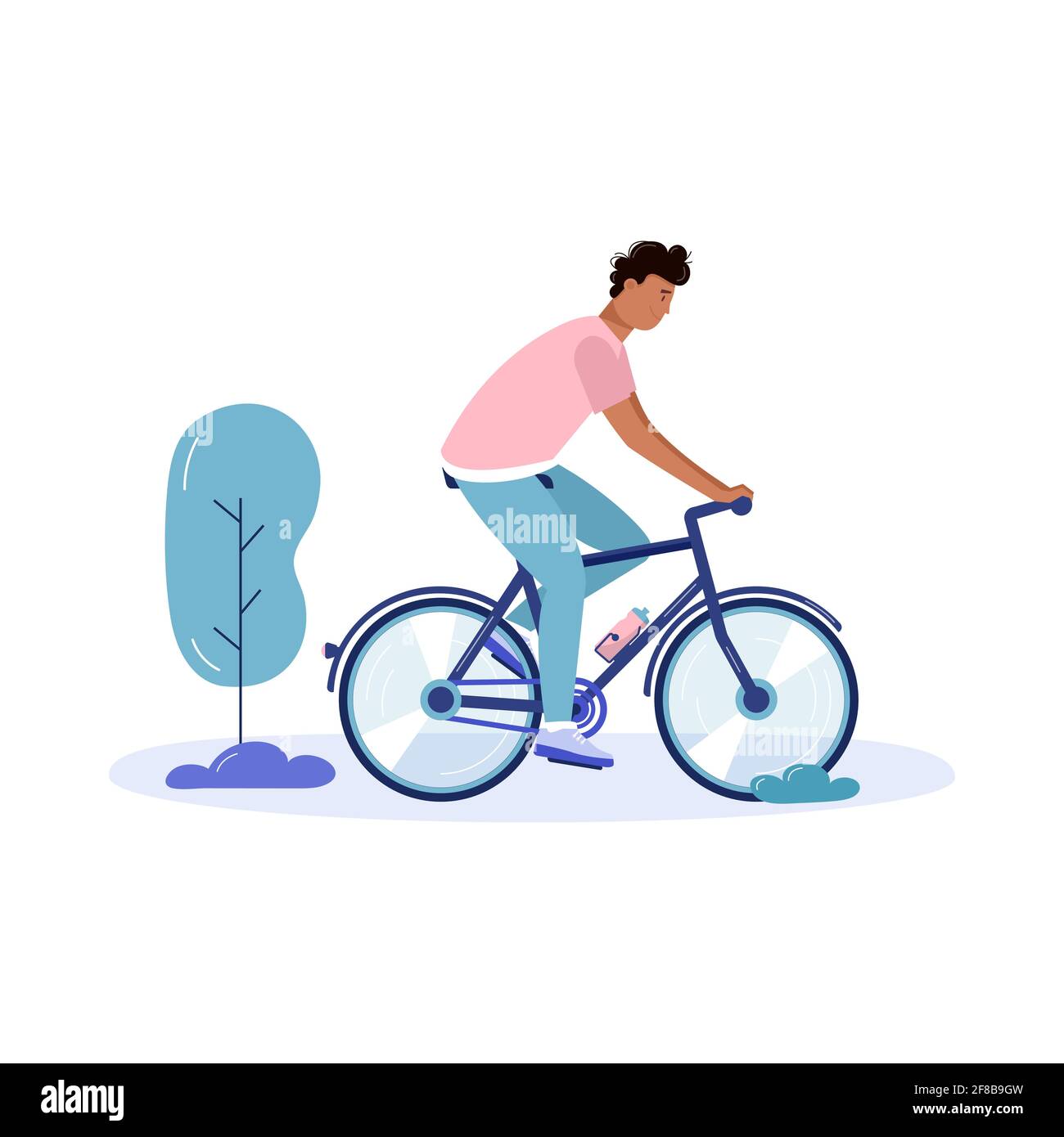 Junge Männer gehen und fahren Fahrrad, Öko-Stadtverkehr im öffentlichen Park. Persönlicher elektrischer Transport, grünes Fahrrad. Ökologisches Fahrzeug isoliert auf w Stock Vektor