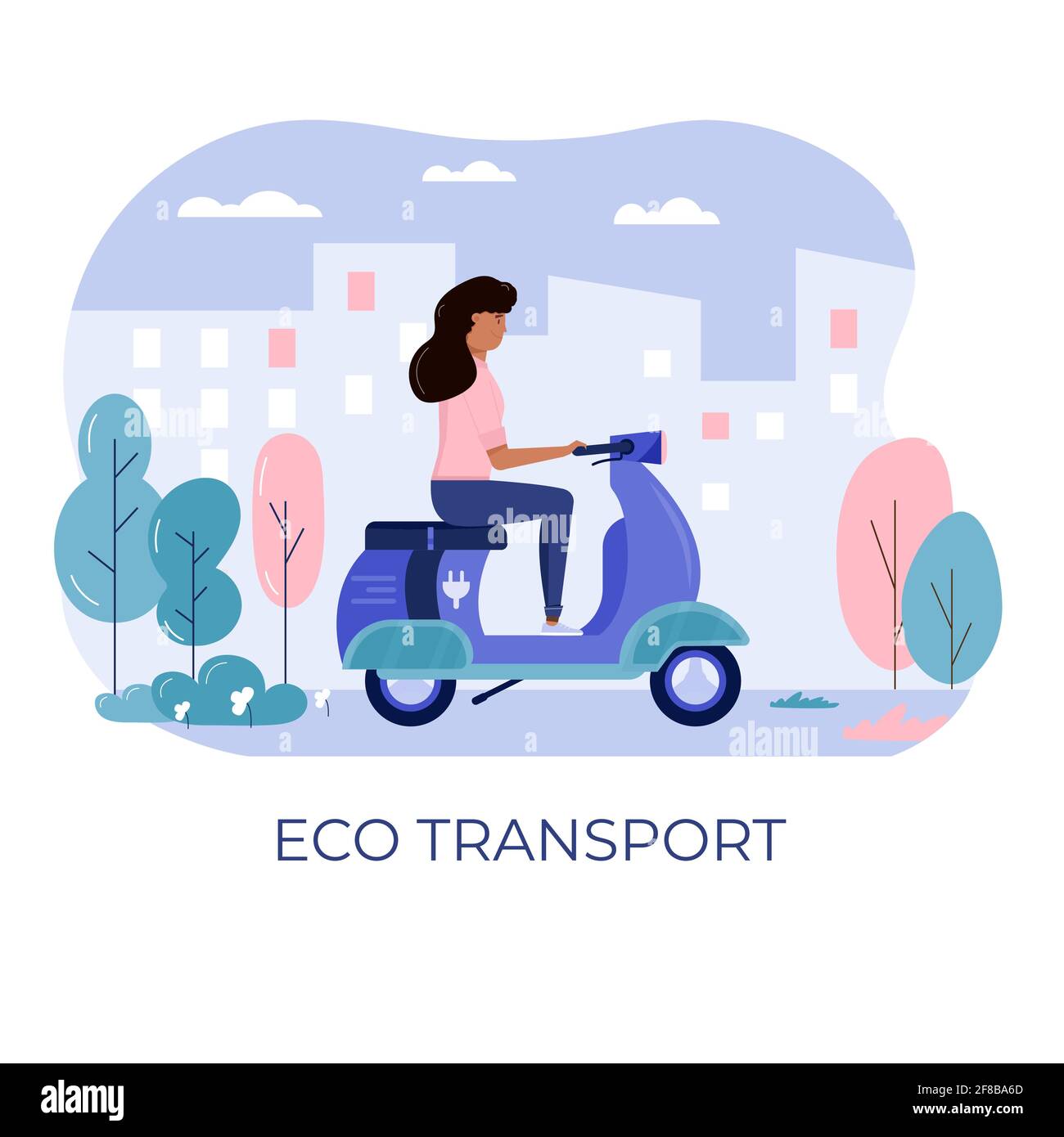 Junge Frau fährt Roller in Öko-Stadt, Transport im öffentlichen Park. Persönlicher elektrischer Transport, grüner Elektro-Scooter, Gyroscooter. Ökologische Vehi Stock Vektor