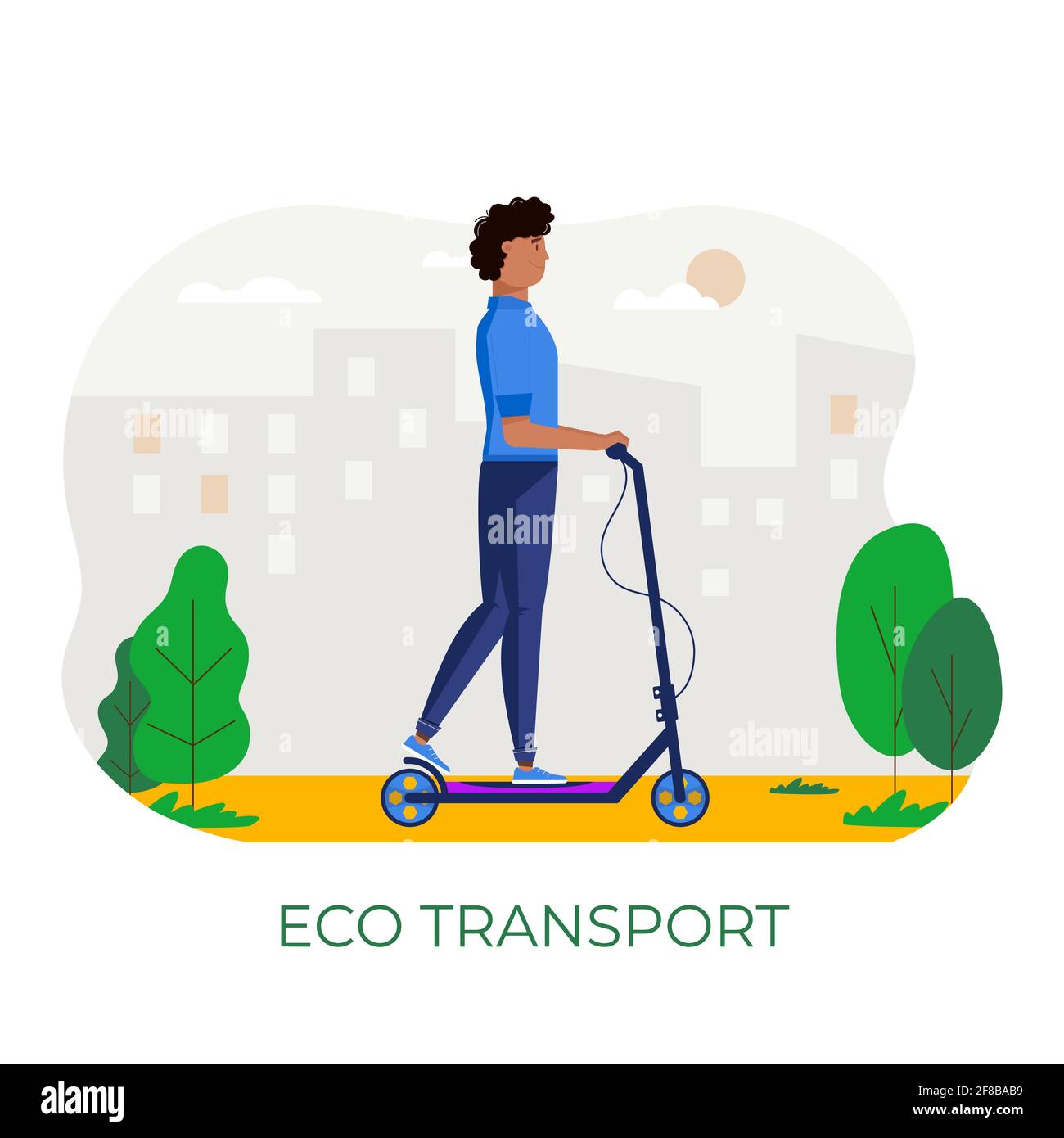 Junge Männer laufen und fahren Öko-Stadtverkehr im öffentlichen Park. Persönlicher elektrischer Transport, grüner Elektro-Scooter. Ökologisches Fahrzeug isoliert auf Stock Vektor