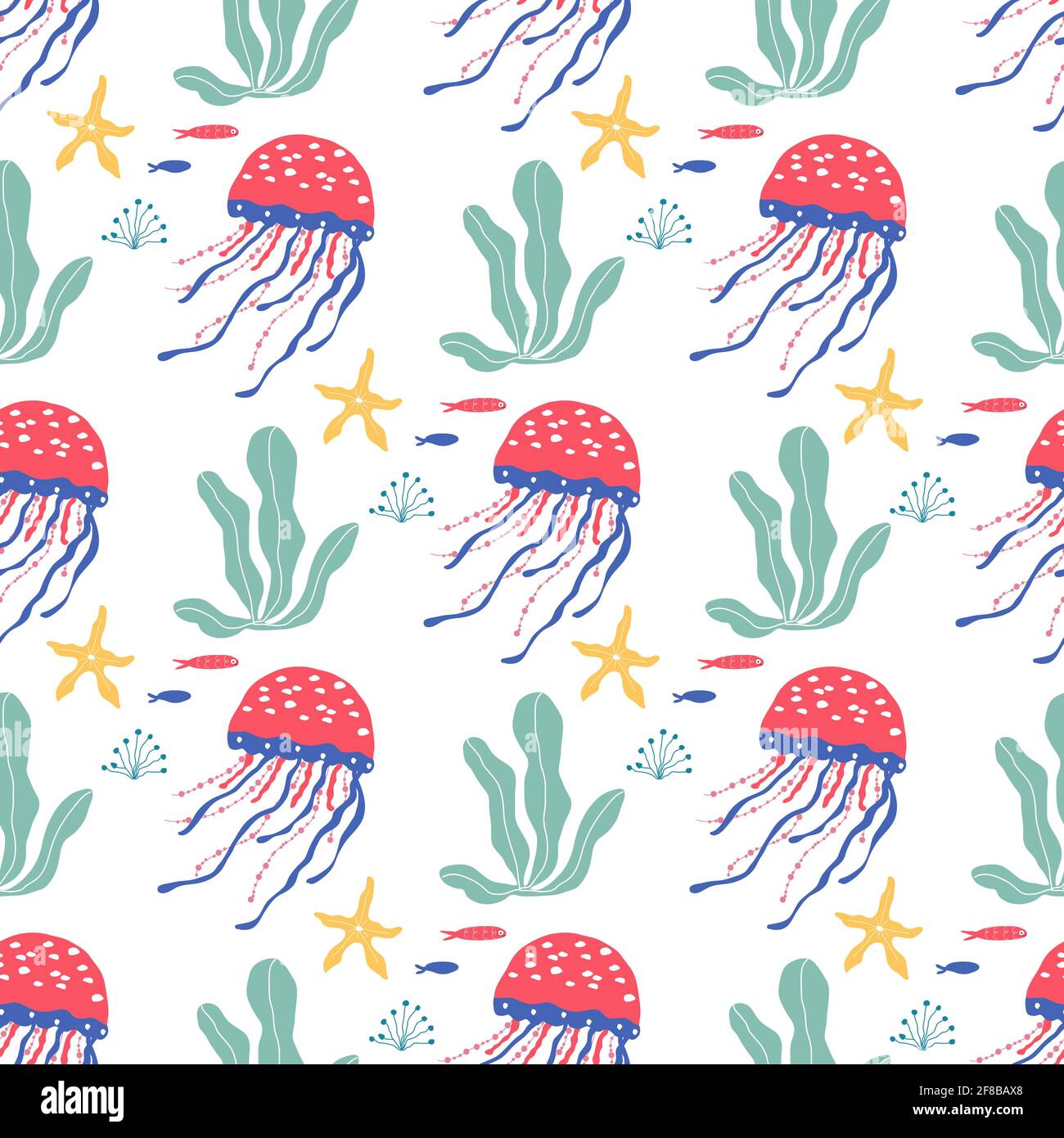 Unterwasserwesen Fische, Quallen, Kraken, Clownfische, Seeplanzen und Korallen, Set mit Meerestieren für Stoff, Textil, Tapete, Kinderzimmer-Dekor, Stock Vektor
