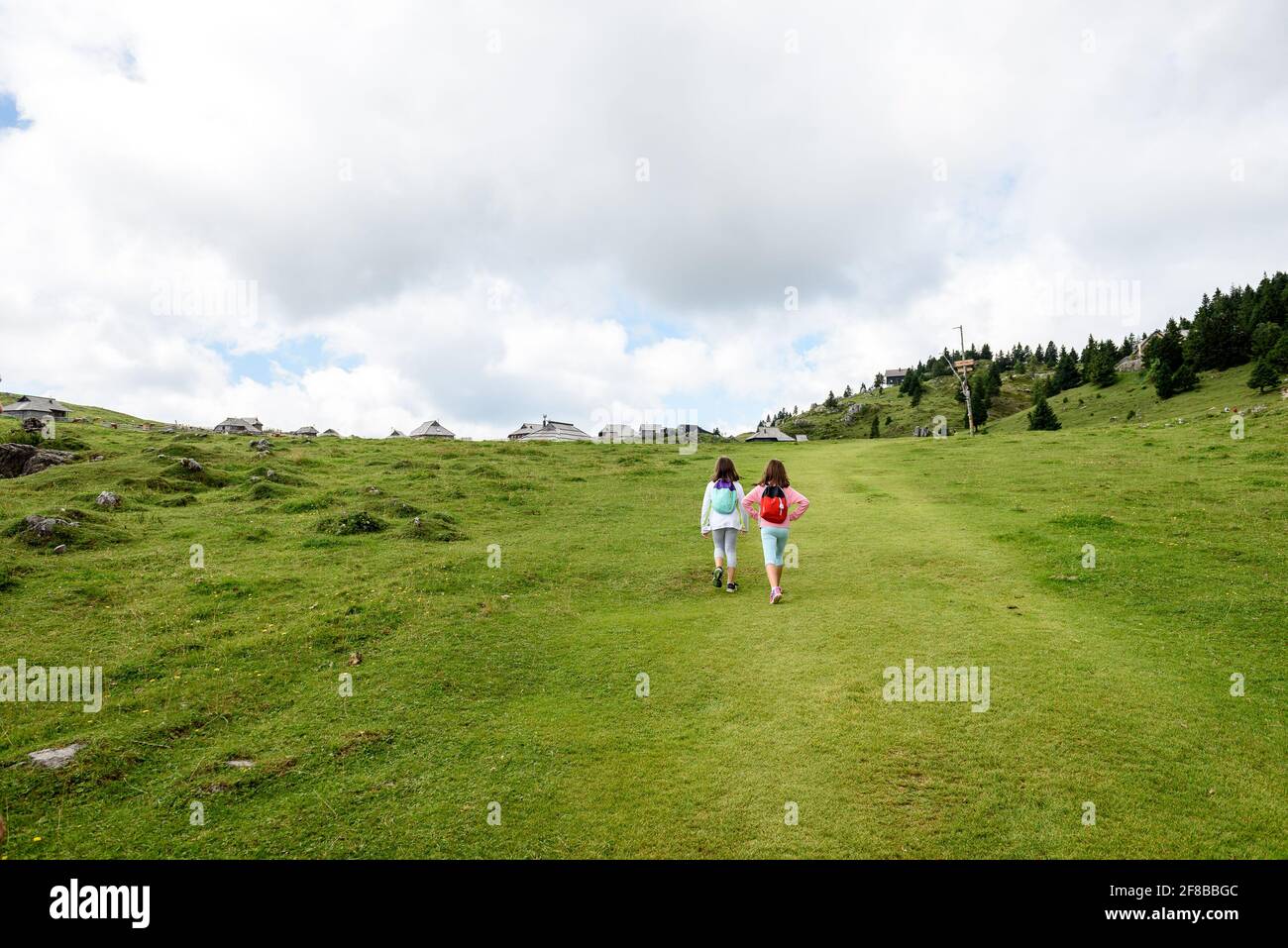 Kinder wandern in Bergen oder Wiesen mit Sport-Wanderschuhen. Mädchen gehen mit Bergstiefeln und Wanderstöcken durch den Bergpfad. Fr. Stockfoto