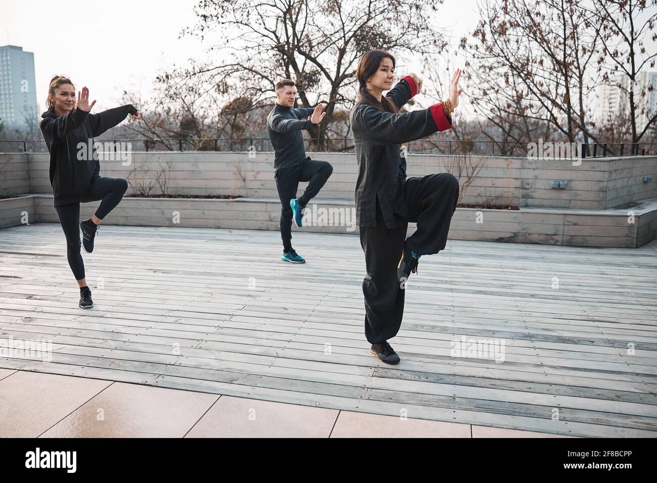 Seitenansicht von Menschen, die Tai Chi auf einem Bein machen Stockfoto