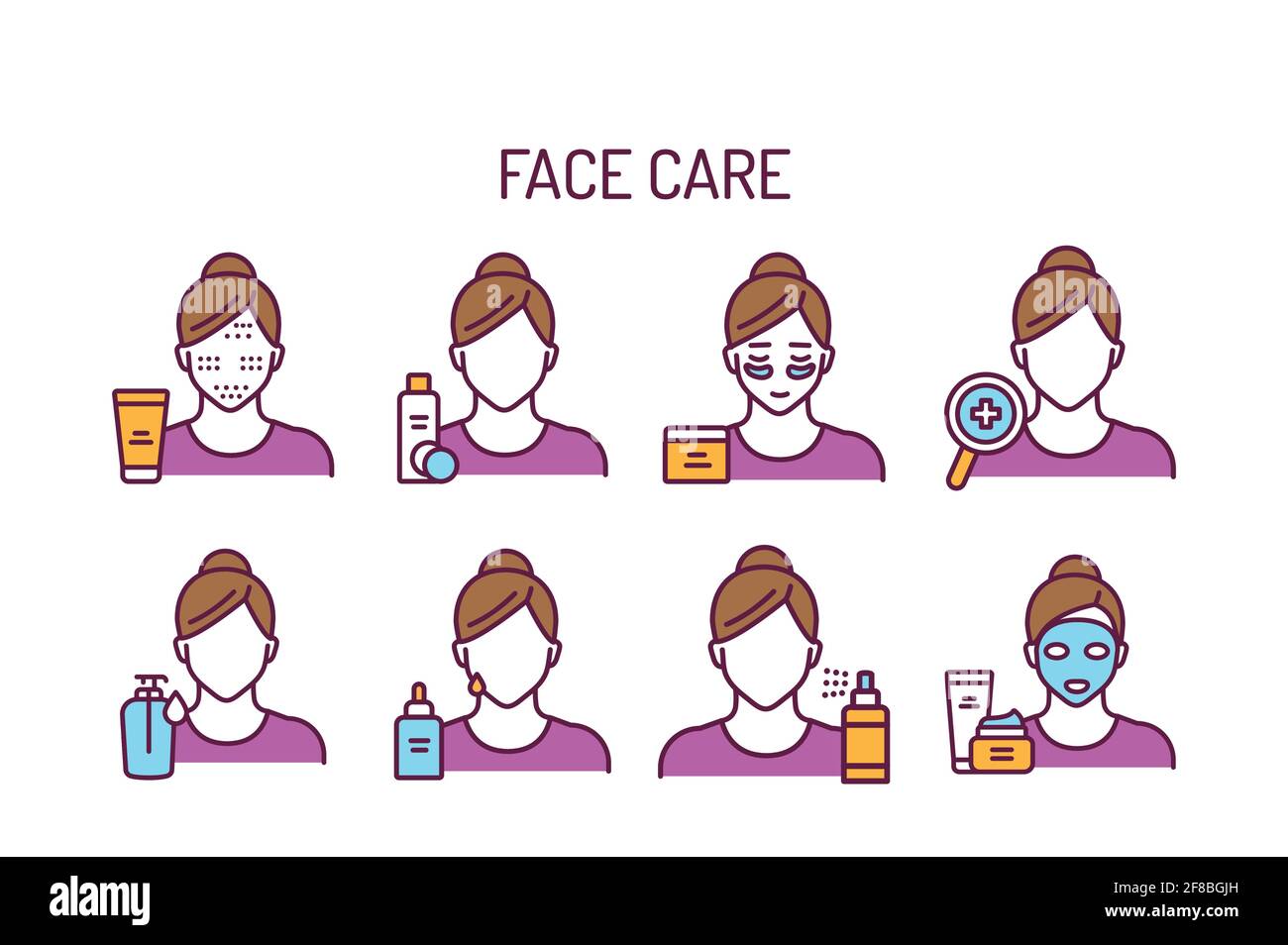 Farbsymbole für die Hautpflege eingestellt. Mädchen und kosmetische Produkte Vektor-Elemente. Hautpflege. Skizzieren Sie Piktogramme für Webseite, mobile App, Werbung. Stock Vektor
