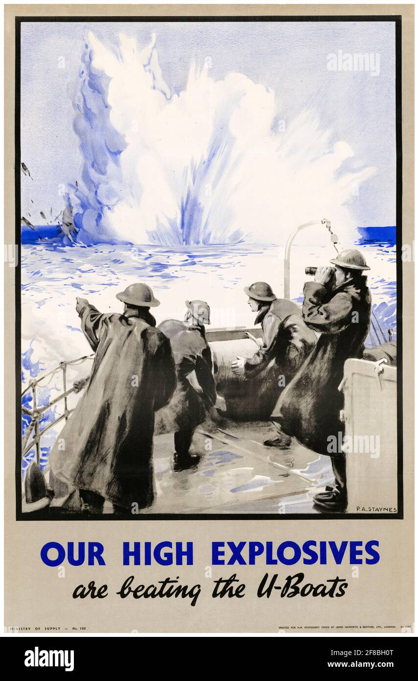 Britisches Plakat zur Produktionsproduktivität am Arbeitsplatz des 2. Weltkrieges, unsere Hochexplosivstoffe schlagen die U-Boote, 1942-1945 Stockfoto