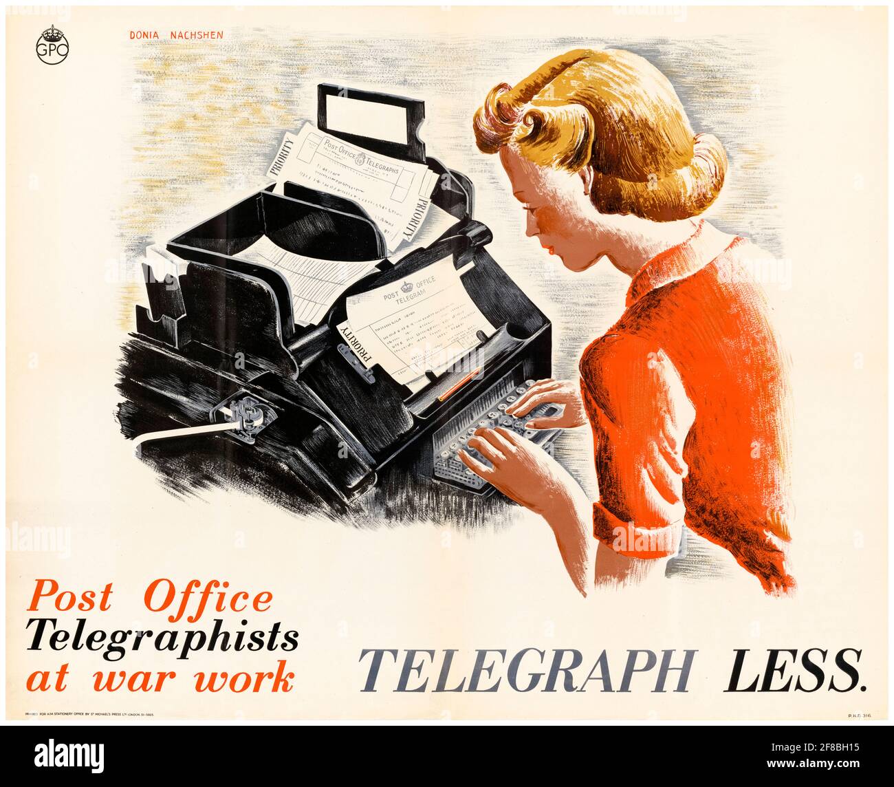 Postamt-Telegraphen bei Kriegsarbeit: Telegraph Less, britisches Kriegsarbeits-Plakat, 1942-1945 Stockfoto