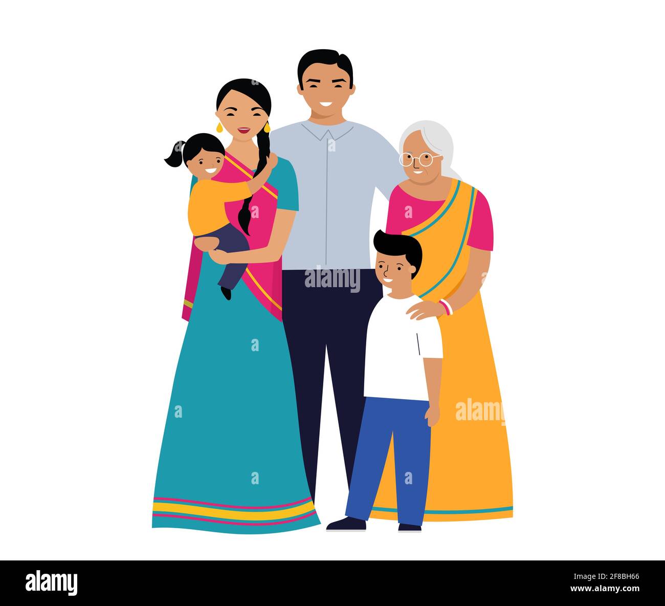 Indische Familie. Drei Generationen Familie. Set von Menschen in traditioneller nationaler Kleidung Stock Vektor