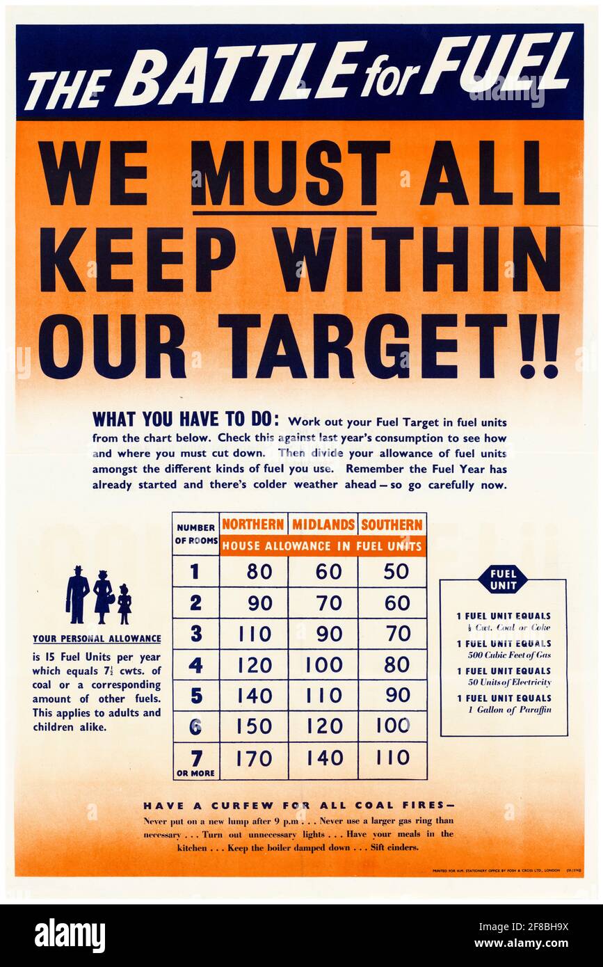 British, WW2 Sparender Energieposter: The Battle for Fuel, Household Fuel Targets, 1942-1945 Stockfoto