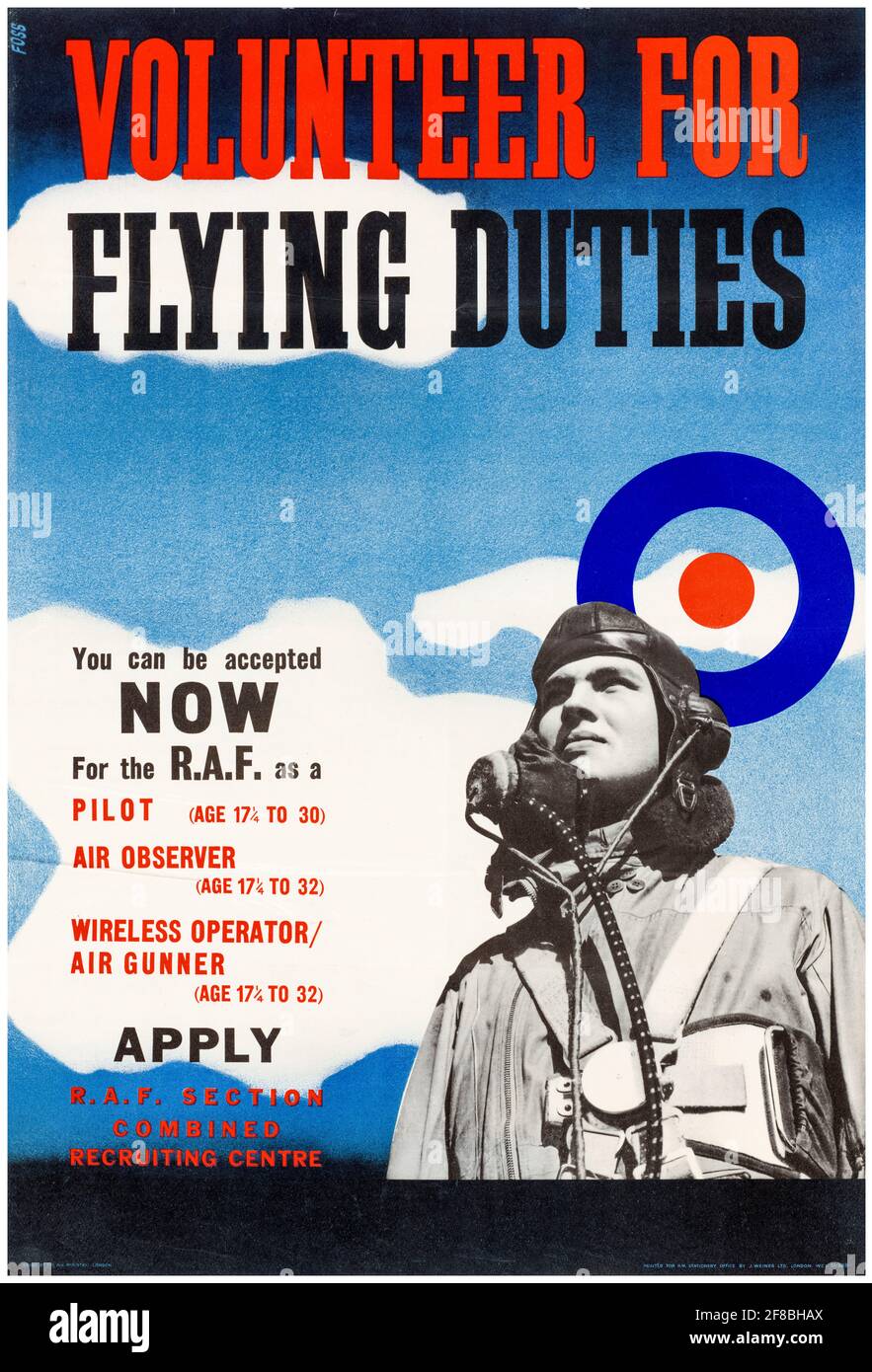 British, Rekrutierungsplakat der Royal Air Force (RAF) aus dem 2. Weltkrieg, Volunteer for Flying Oelties, 1942-1945 Stockfoto