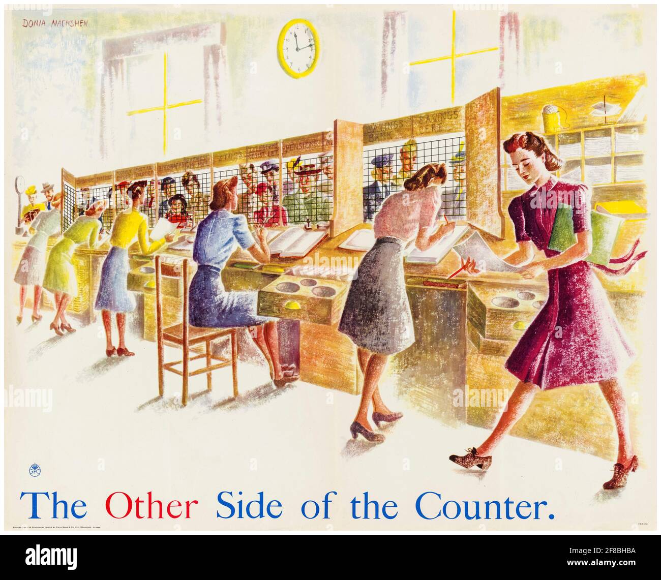 Britisches Plakat zur Kriegsarbeit des 2. Weltkriegs, Frauen, die an einem Postschalter arbeiten, 1942-1945 Stockfoto