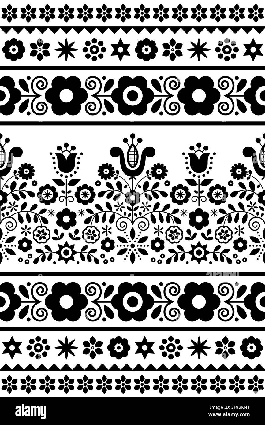 Polnische traditionelle Volkskunst Vektor nahtlose Textil- oder Stoffdruck Muster mit Blumen, Herzen und Blättern - Lachy Sadeckie in schwarz und weiß Stock Vektor