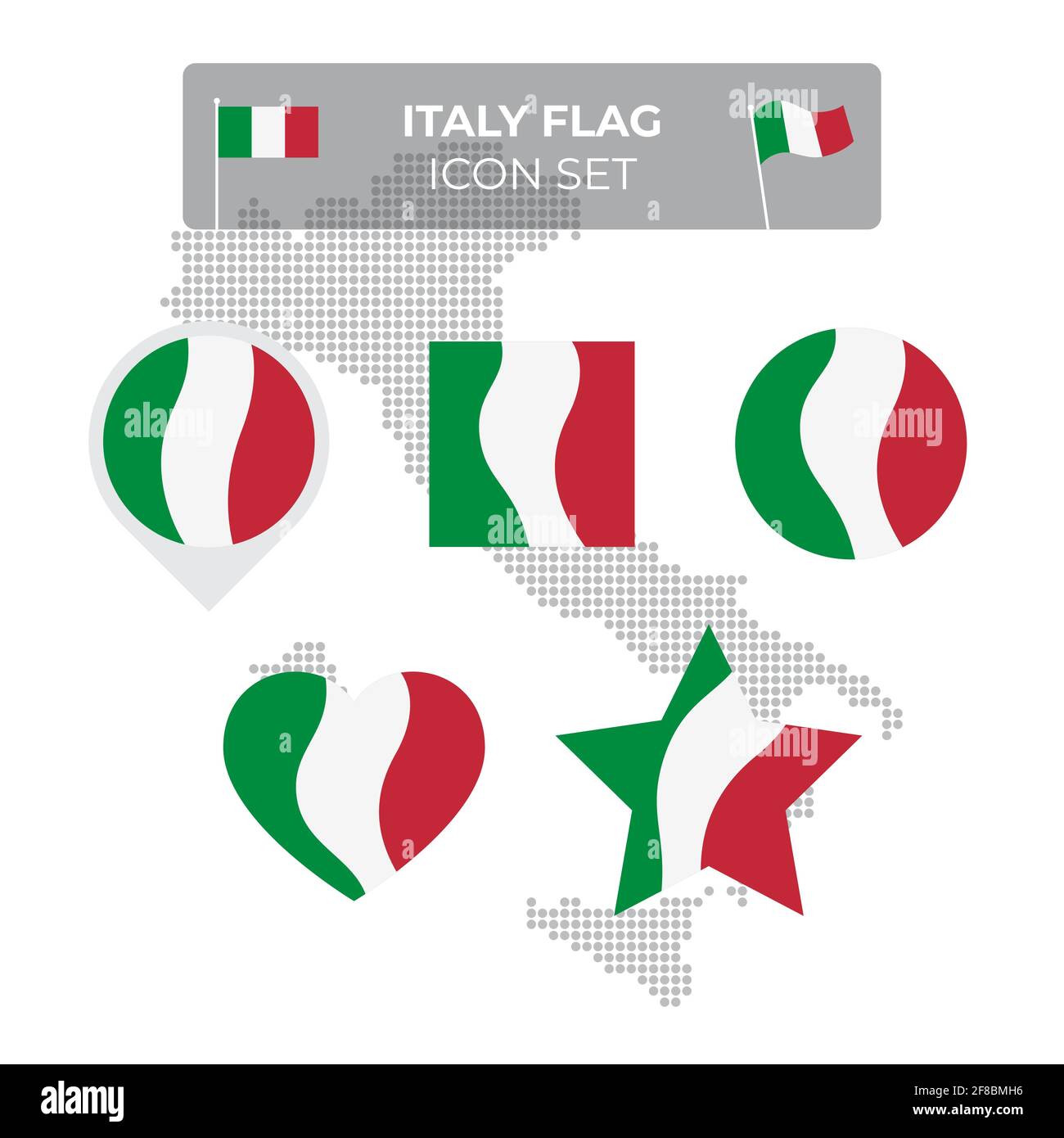 Symbole der italienischen Flagge in Form von Quadrat, Herz, Kreis, Sternen  und Zeiger, Kartenmarkierung. Mosaikkarte von italien. Winken im Wind.  Italienische Dreifarben Stock-Vektorgrafik - Alamy