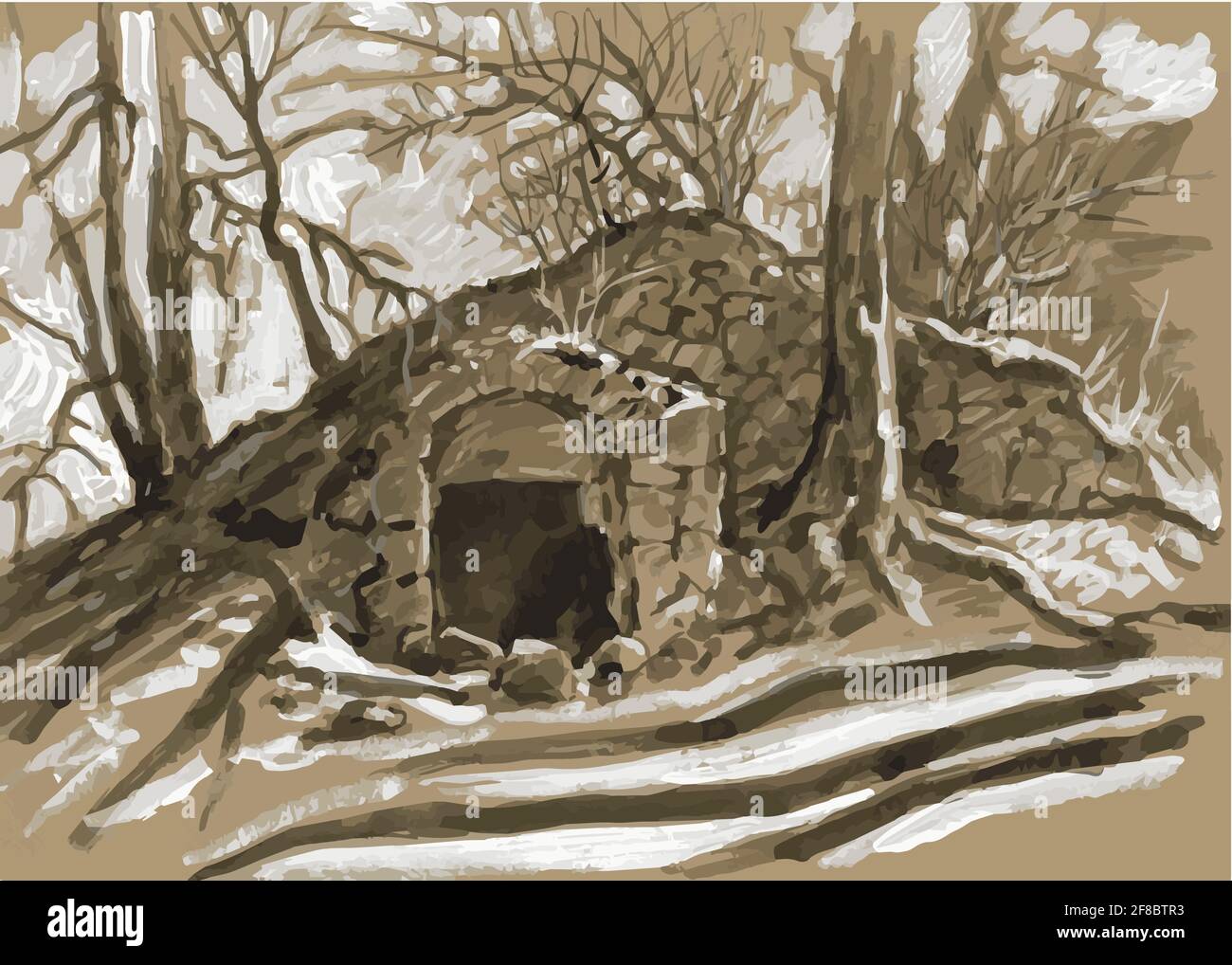 Heruntergekommener Eingang zu einem alten unterirdischen Keller auf einem Hügel mit Bäumen. Aquarellskizze. Schwarzweiß, Grisaille, Sepia Stock Vektor