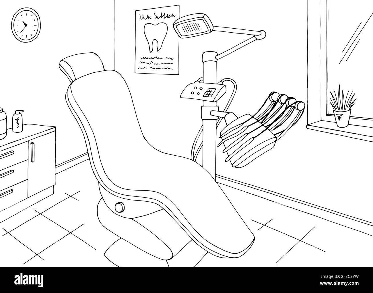 Zahnarzt Büro Klinik Grafik schwarz weiß Skizze Illustration Vektor Stock Vektor