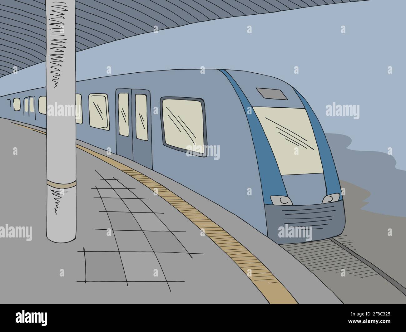 Bahnhof Bahnsteig Zug Grafik Farbe Skizze Illustration Vektor Stock Vektor