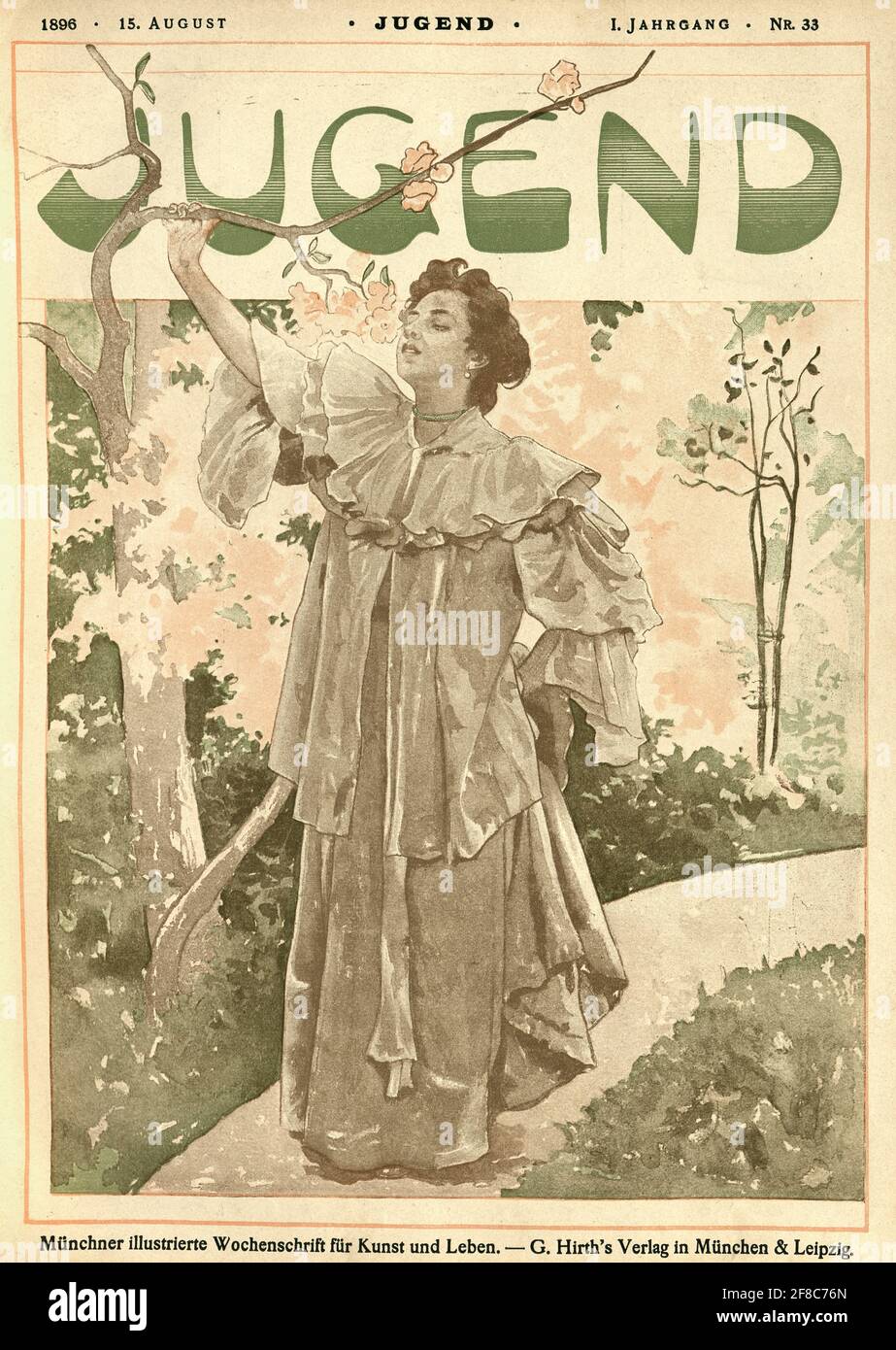 Frontcover der Zeitschrift Jugend, Jugendstil, 1896, 19. Jahrhundert, Frau riecht auf einem Baum Stockfoto