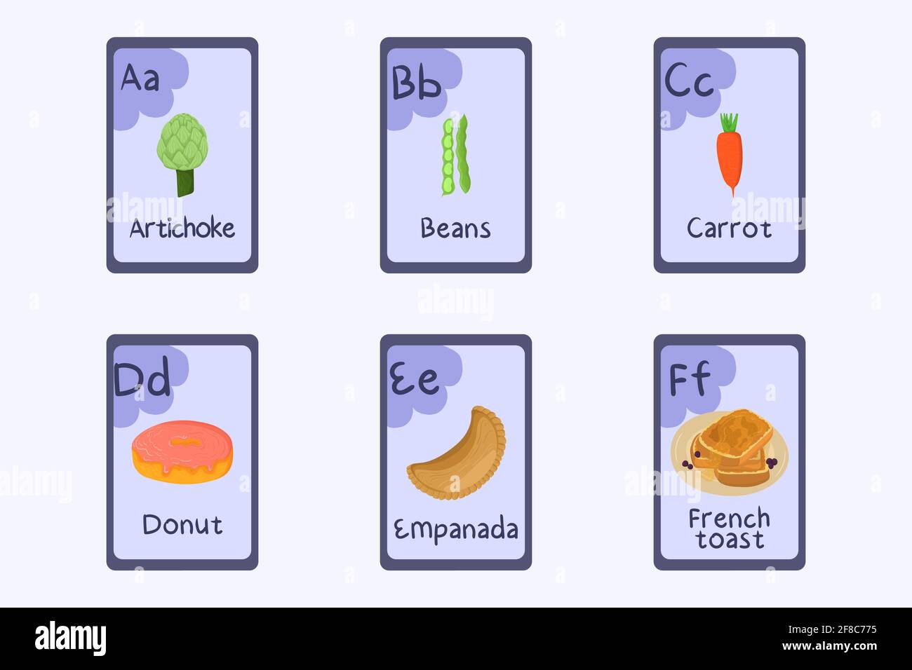 Bunte Alphabet Flashcard Buchstaben A, B, C, D, E, F - Artischocke, Bohnen, Karotte, Donut, Empanada, french Toast. Stock Vektor
