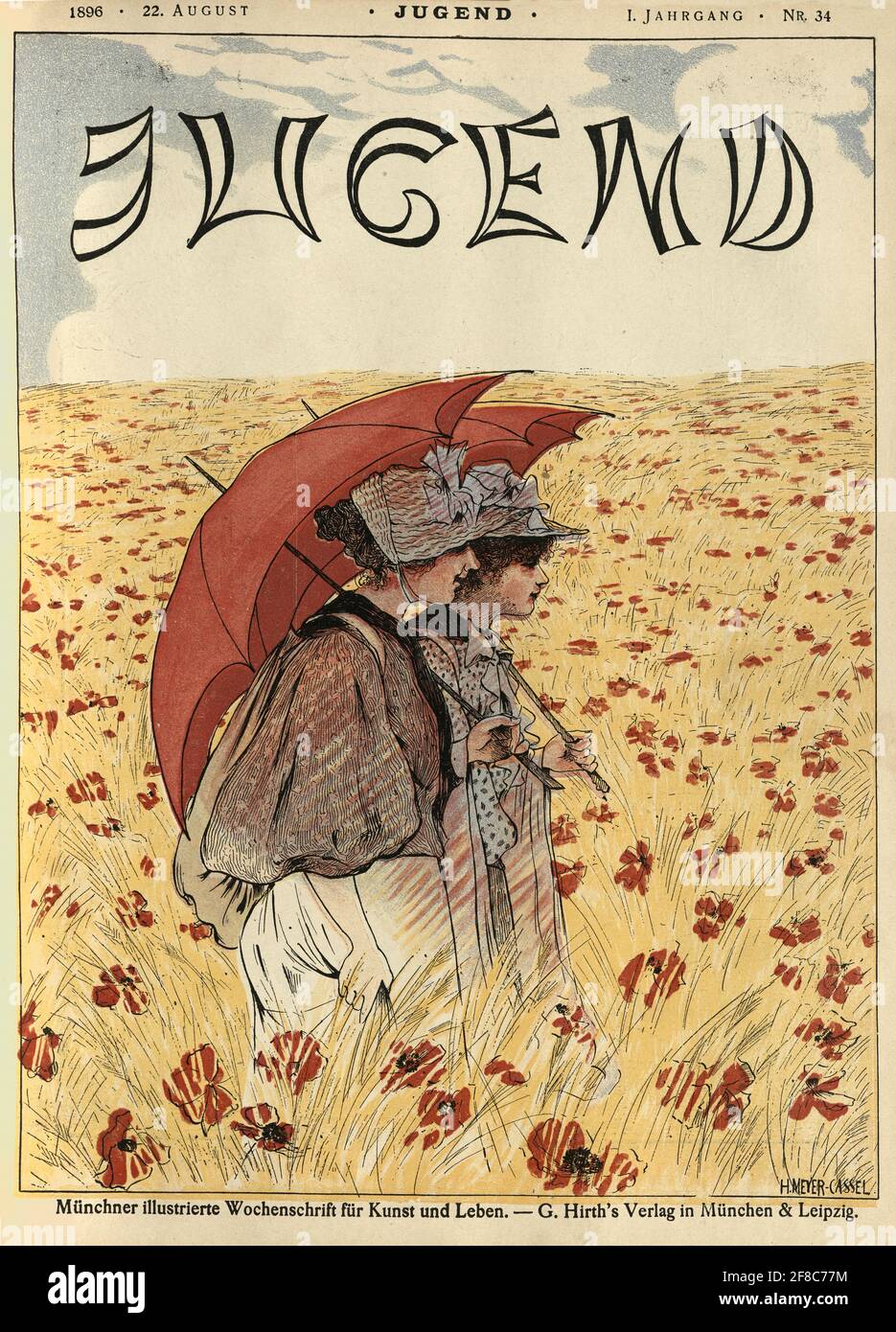 Titelbild der Jugendstilzeitschrift Jugend, 1896, Junge Frau beim Spaziergang durch eine Wiese Stockfoto