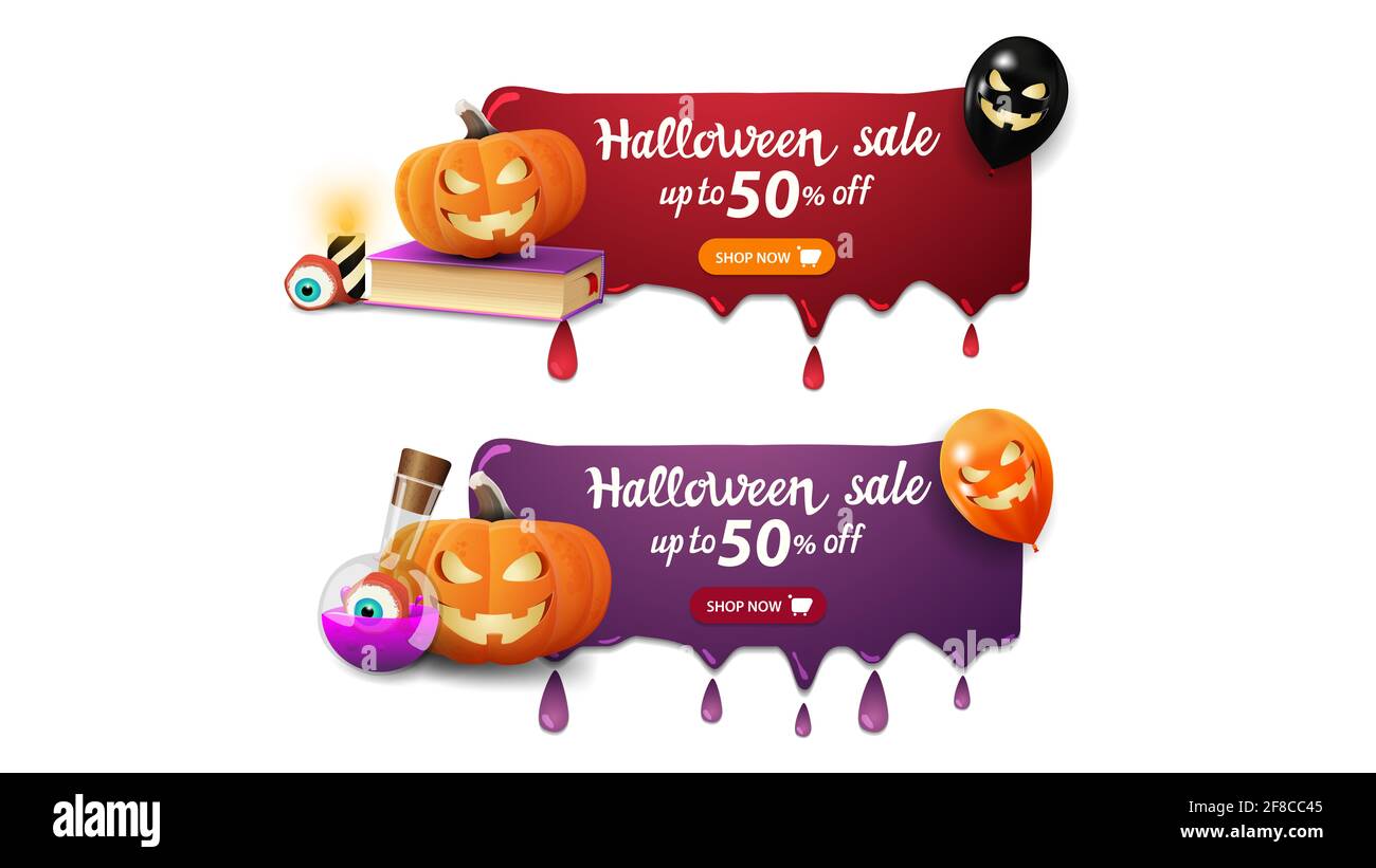 Halloween-Verkauf, zwei Banner mit Tropfen, Zauberbuch, Kürbis Jack und Hexentrank Stockfoto