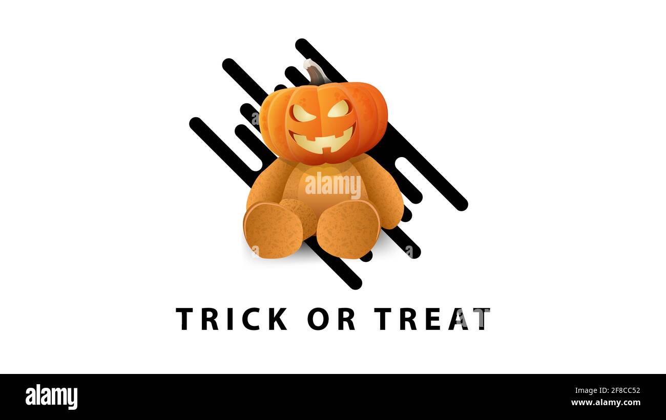 Trick or Treat, weiße stilvolle, minimalistische Grußkarte mit Teddybär und Jack-Kürbis-Kopf Stockfoto