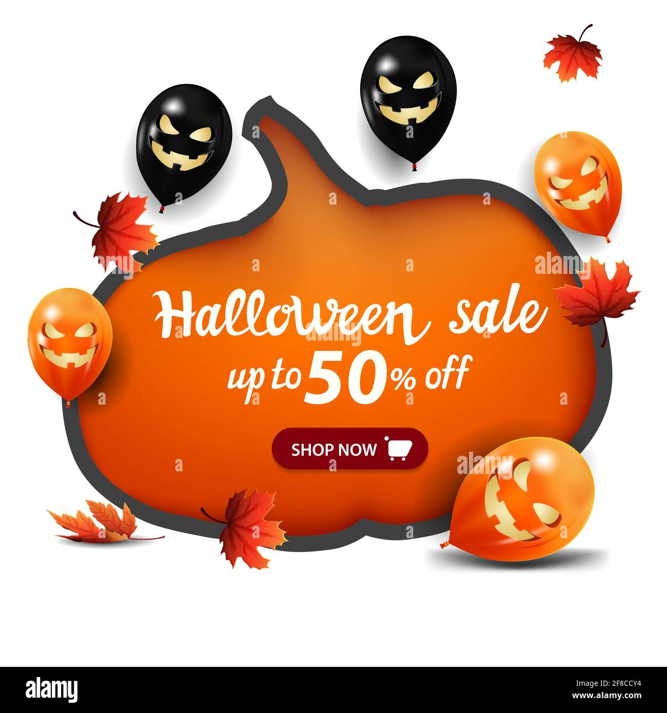 Halloween Sale, bis zu 50 Rabatt, Rabatt weißes Banner mit einem riesigen Kürbis in Papier geschnitzt, Halloween-Ballons und Herbstblätter Stockfoto