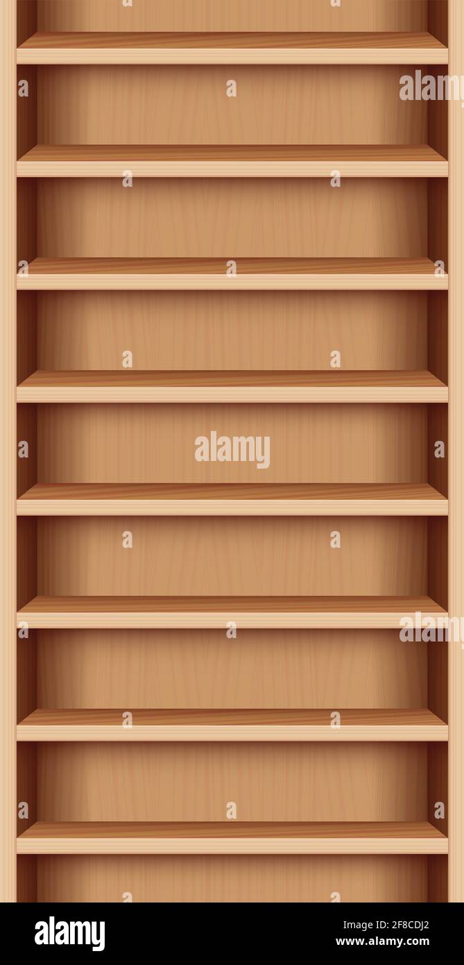Bücherregal, holzregal reck mit nahtlosen Regalen, Etui mit Holzmaserung - endlos nach oben und unten ausfahrbar. Stockfoto