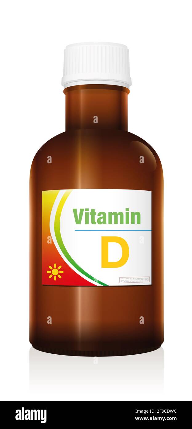 Vitamin D Ergänzung Medikamentenflasche, symbolisch für künstliche, synthetische oder natürliche Nahrungsergänzungsmittel, um den Mangel an Vitaminen zu verhindern. Stockfoto