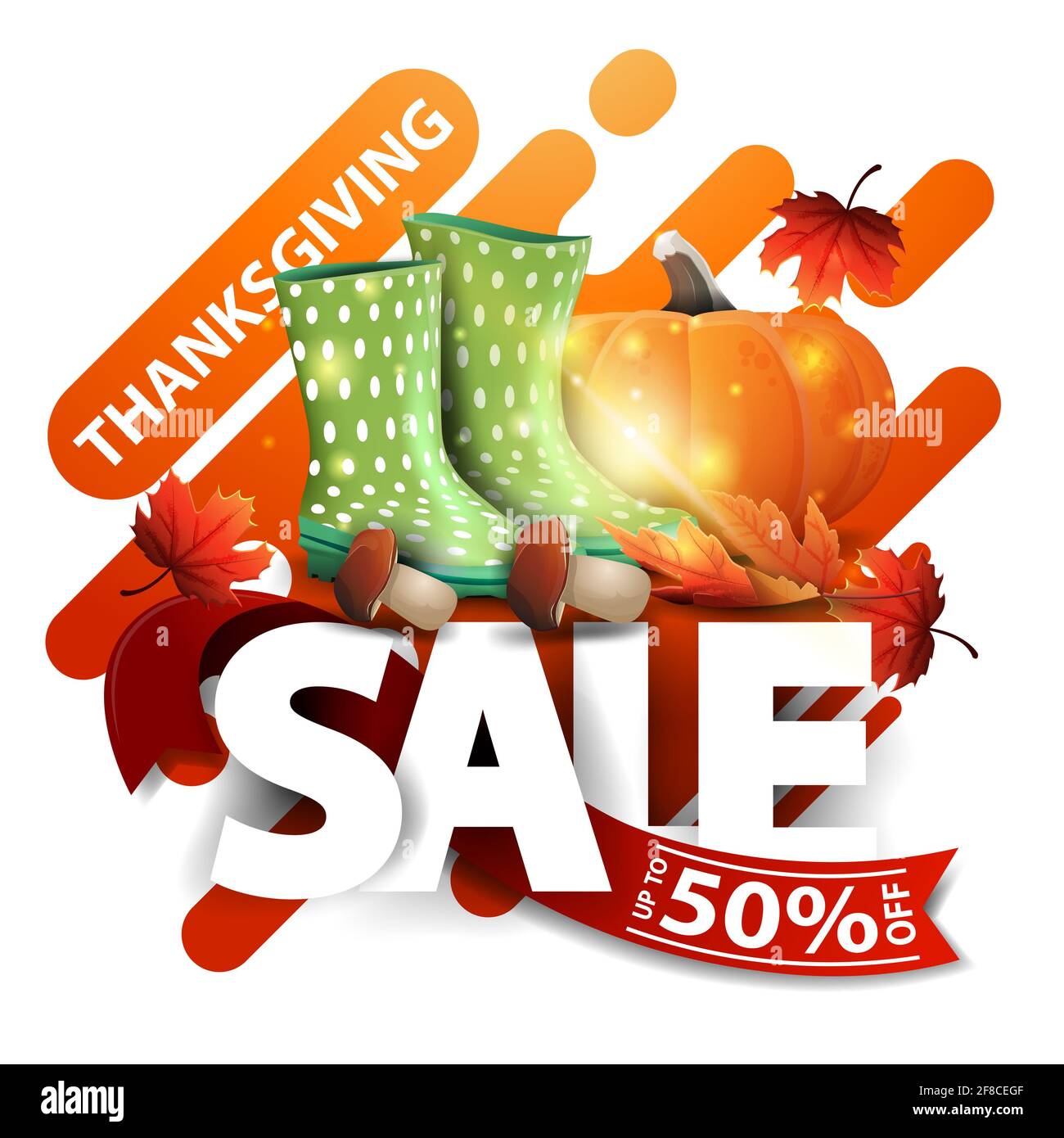 Thanksgiving-Verkauf, bis zu 50 Rabatt, weißes quadratisches Rabattbanner mit großen Buchstaben, rotem Band, Gummistiefeln, Kürbis, Pilzen und Herbstblatt. Gradie Stockfoto