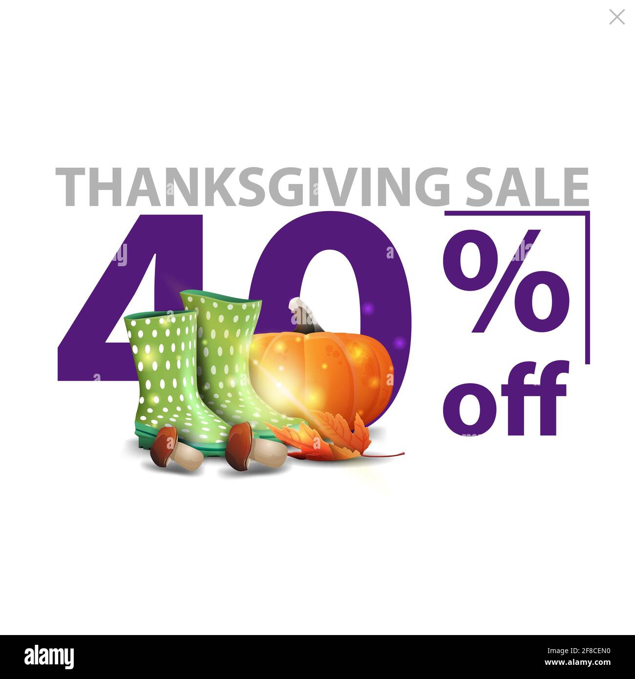 Thanksgiving Sale, bis zu 40 Rabatt, weißes stilvolles Rabattbanner mit großen roten Zahlen mit Gummistiefeln, Kürbis, Pilzen und Herbstblatt Stockfoto