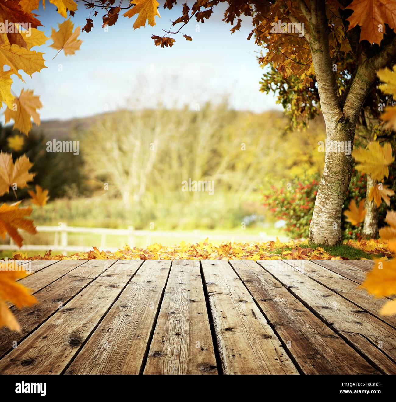 Herbstblätter und Holztischhintergrund mit Kopierraum Stockfoto