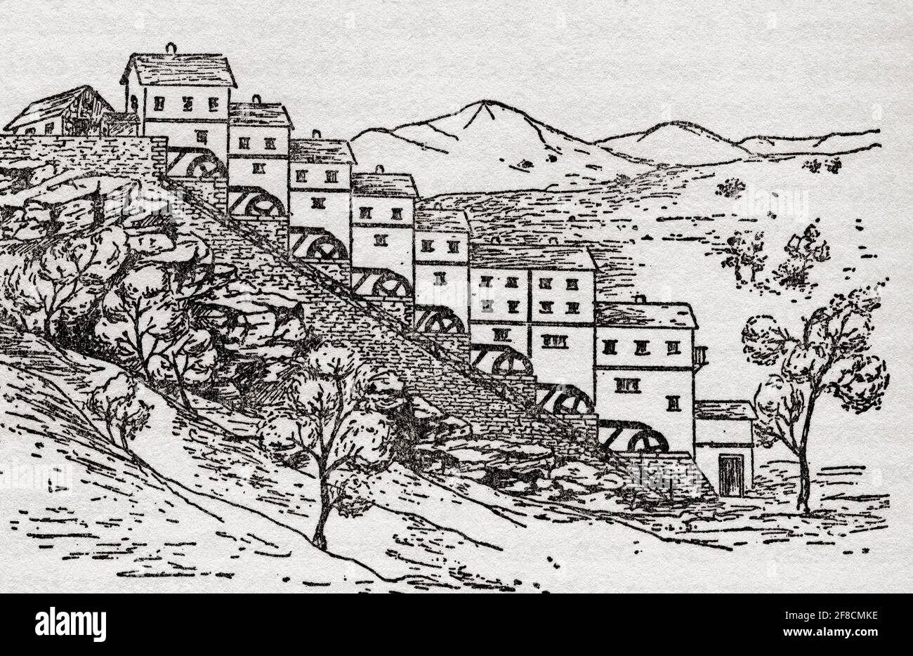Die Barbegal Wassermühle, Fontvieille, in der Nähe von Arles, Frankreich. Nach einer Illustration von Edgar Holloway. Stockfoto